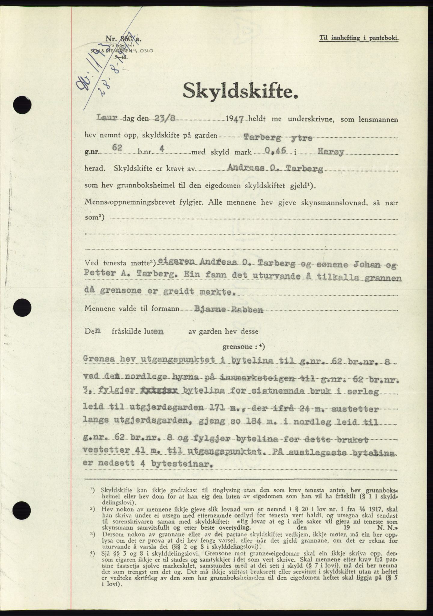 Søre Sunnmøre sorenskriveri, AV/SAT-A-4122/1/2/2C/L0081: Mortgage book no. 7A, 1947-1948, Diary no: : 1193/1947