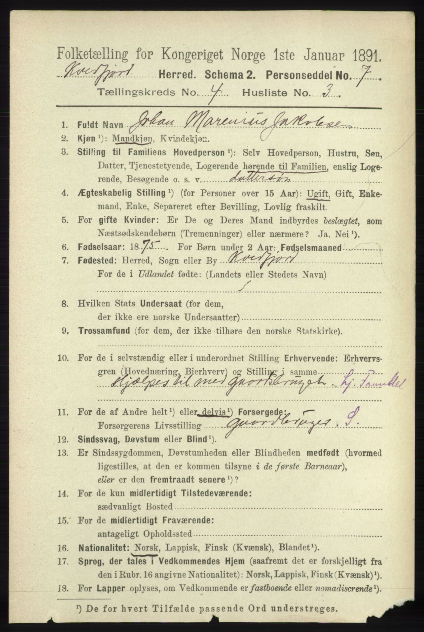 RA, 1891 census for 1911 Kvæfjord, 1891, p. 1906
