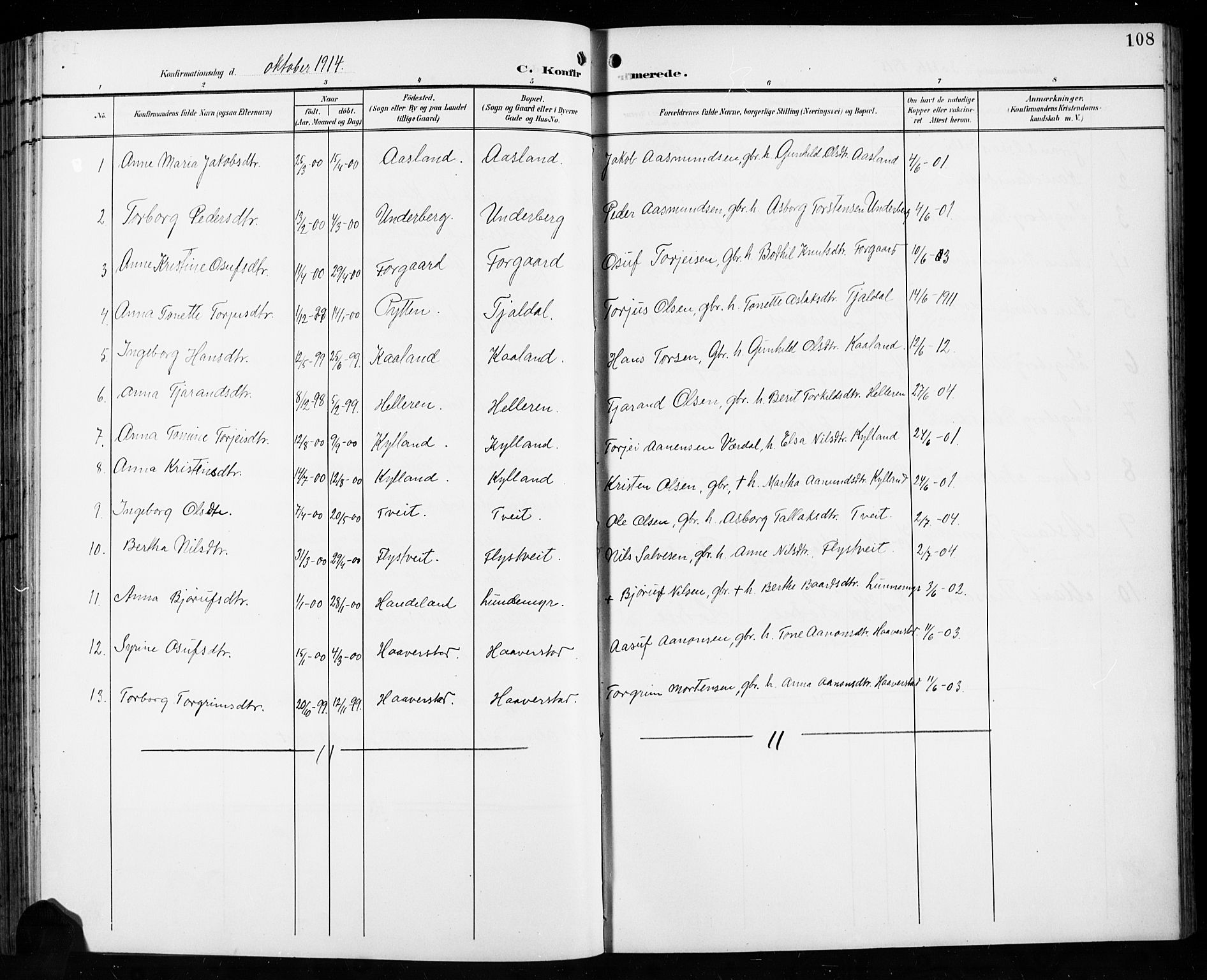 Åseral sokneprestkontor, AV/SAK-1111-0051/F/Fb/L0003: Parish register (copy) no. B 3, 1900-1919, p. 108