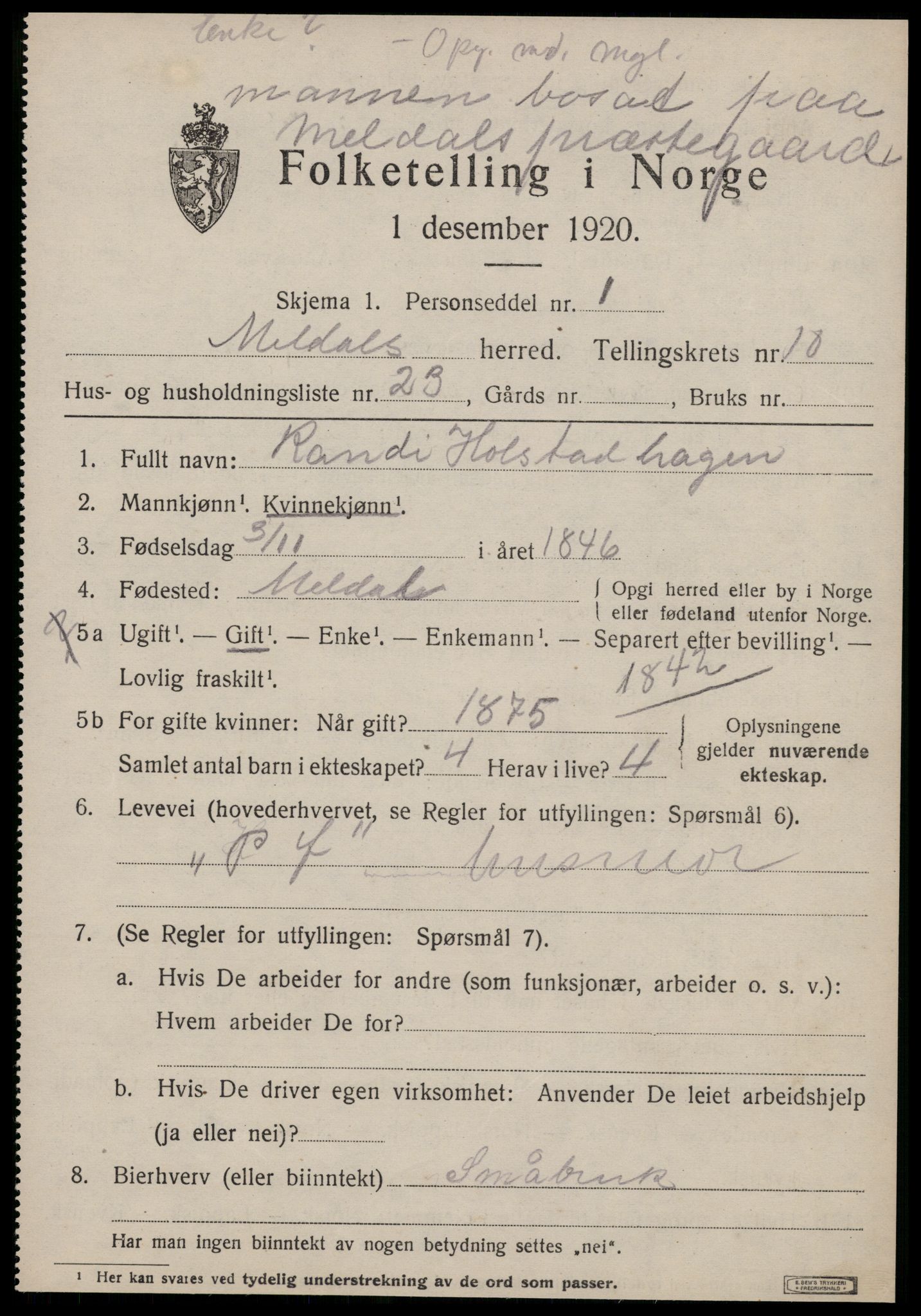 SAT, 1920 census for Meldal, 1920, p. 8489