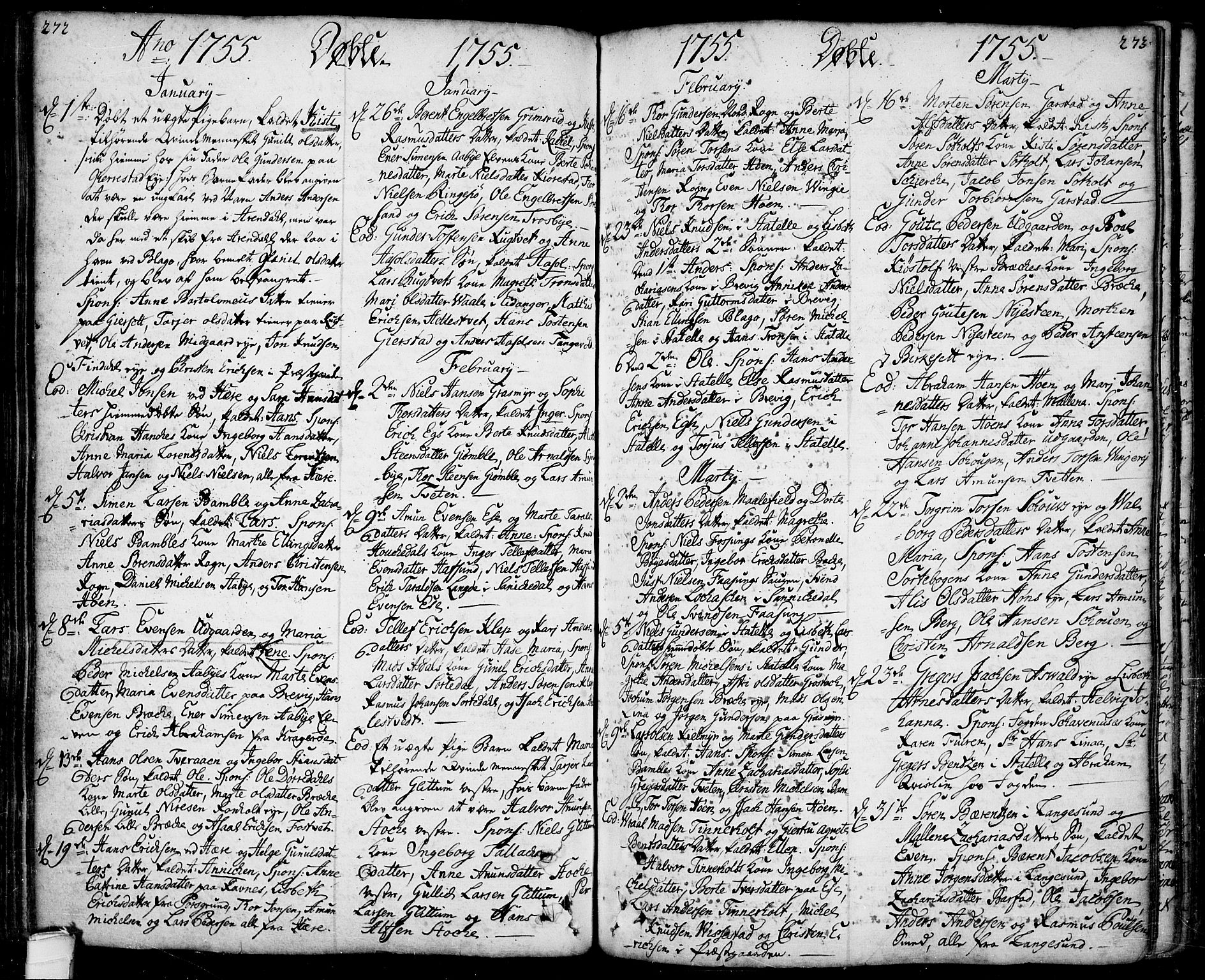 Bamble kirkebøker, SAKO/A-253/F/Fa/L0001: Parish register (official) no. I 1, 1702-1774, p. 272-273