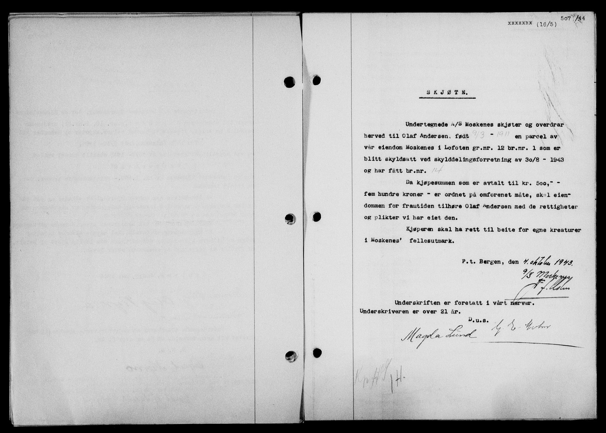 Lofoten sorenskriveri, SAT/A-0017/1/2/2C/L0012a: Mortgage book no. 12a, 1943-1944, Diary no: : 507/1944