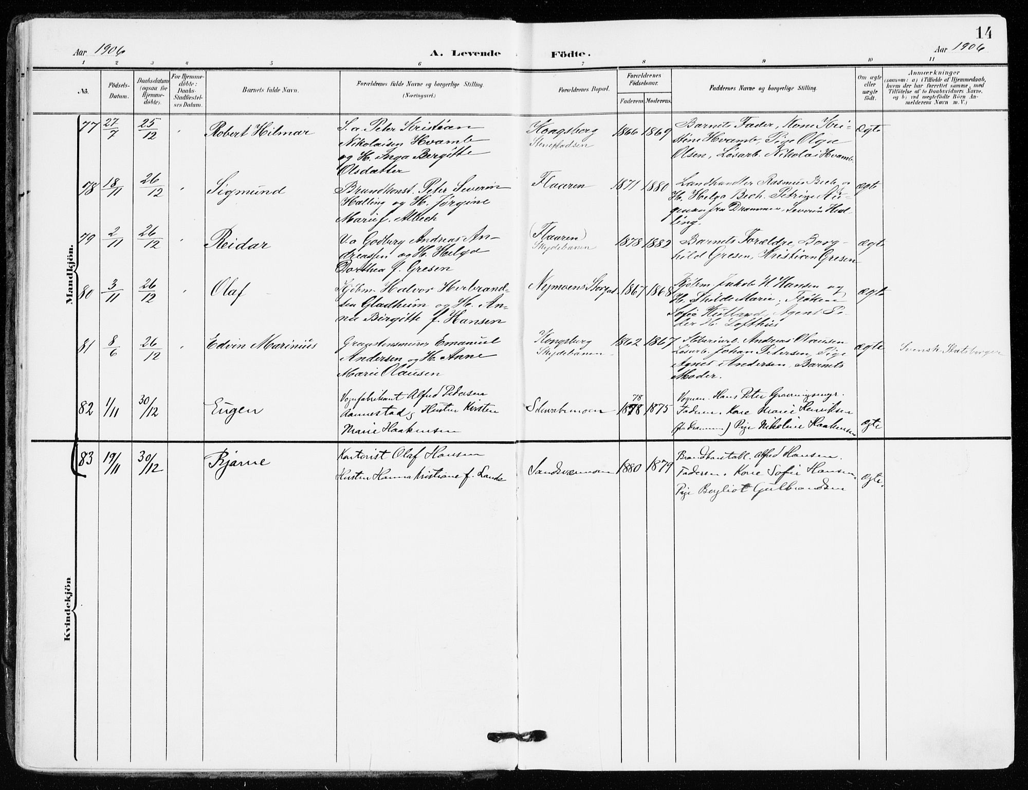 Kongsberg kirkebøker, AV/SAKO-A-22/F/Fb/L0004: Parish register (official) no. II 4, 1906-1918, p. 14