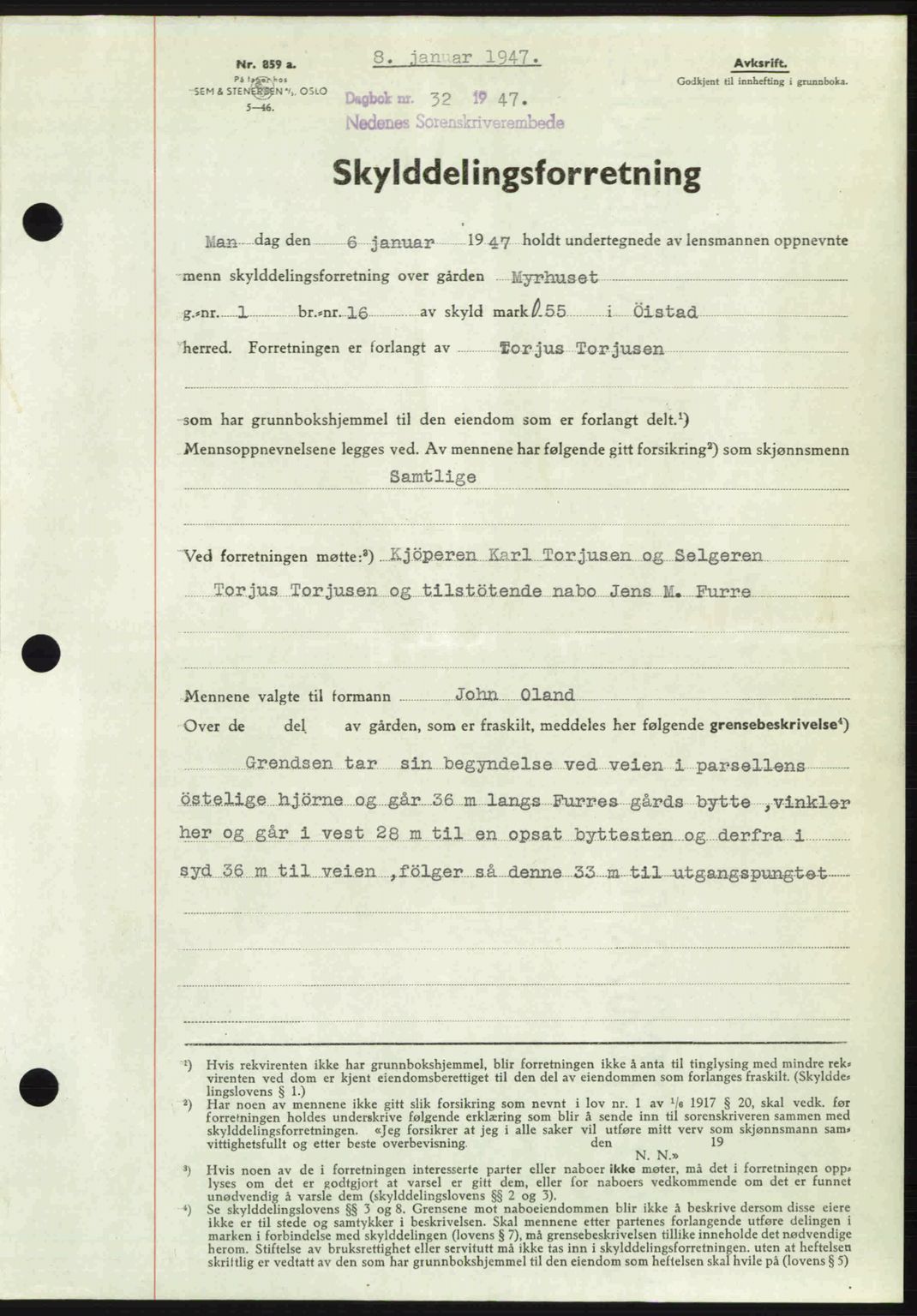 Nedenes sorenskriveri, SAK/1221-0006/G/Gb/Gba/L0056: Mortgage book no. A8, 1946-1947, Diary no: : 32/1947