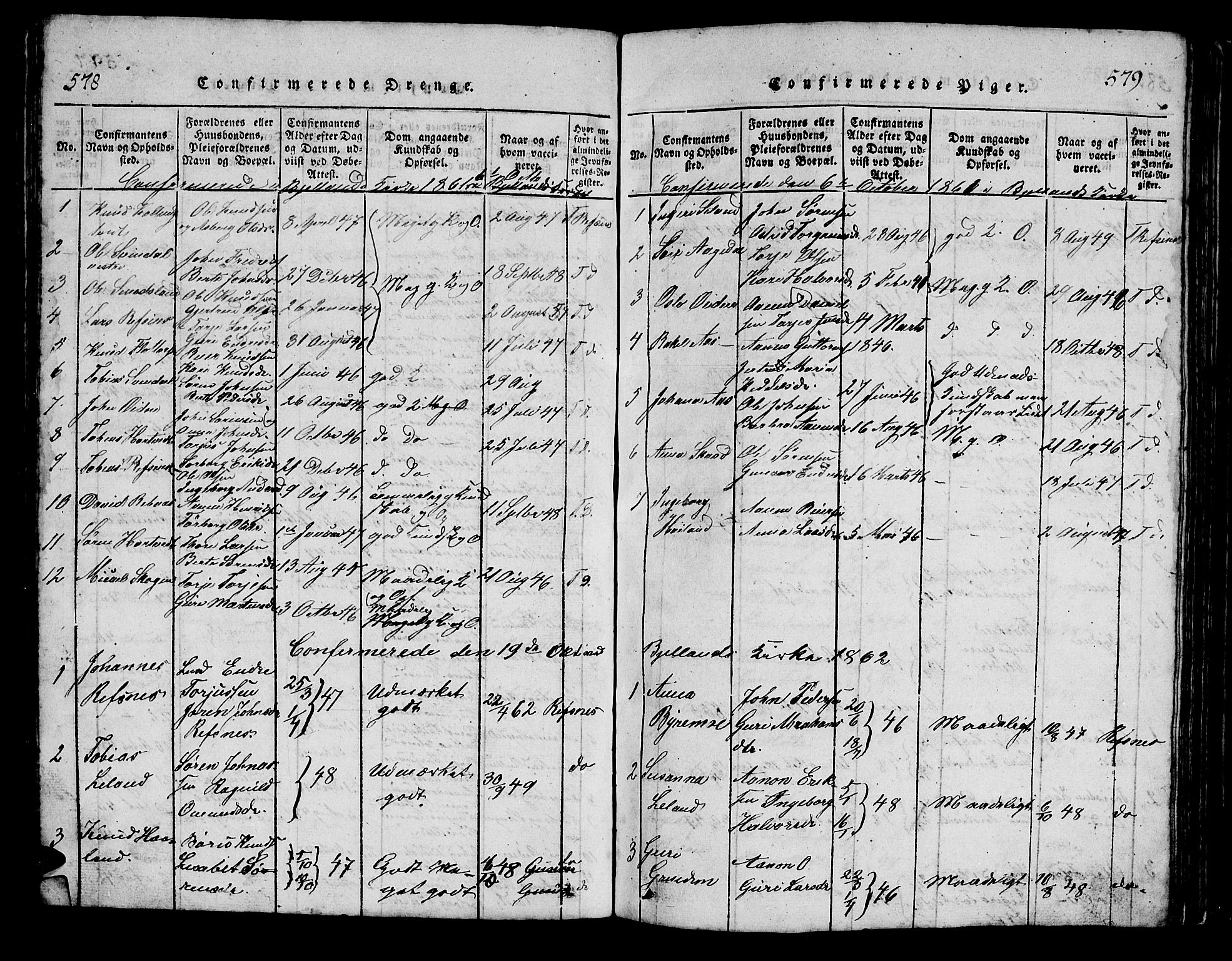 Bjelland sokneprestkontor, SAK/1111-0005/F/Fb/Fbc/L0001: Parish register (copy) no. B 1, 1815-1870, p. 578-579