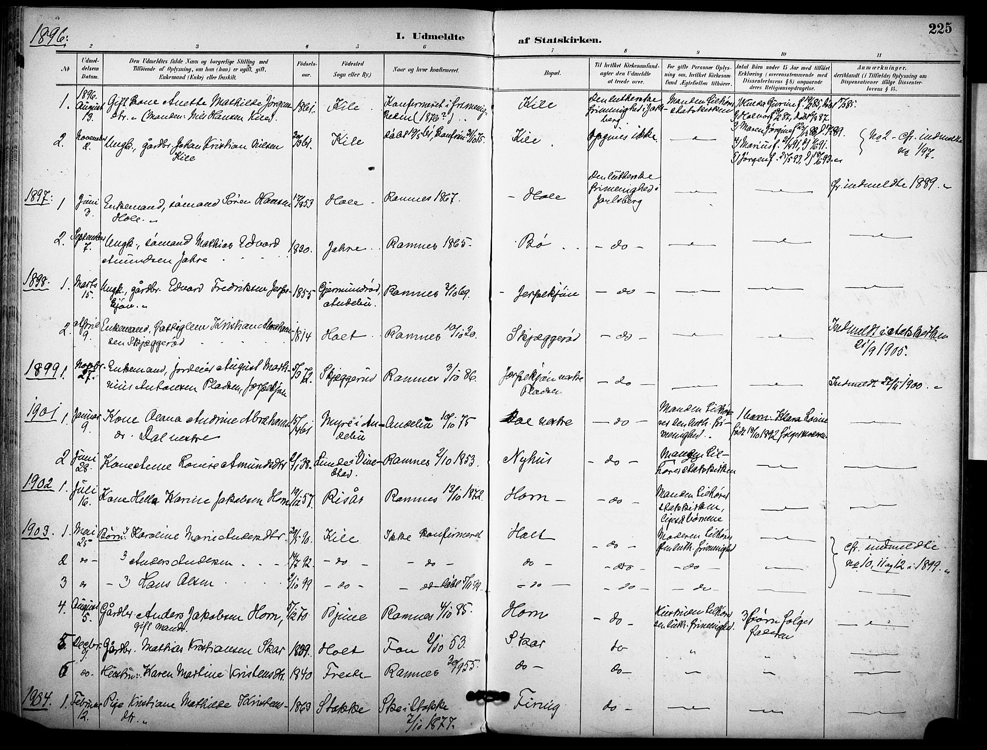 Ramnes kirkebøker, AV/SAKO-A-314/F/Fa/L0008: Parish register (official) no. I 8, 1896-1913, p. 225