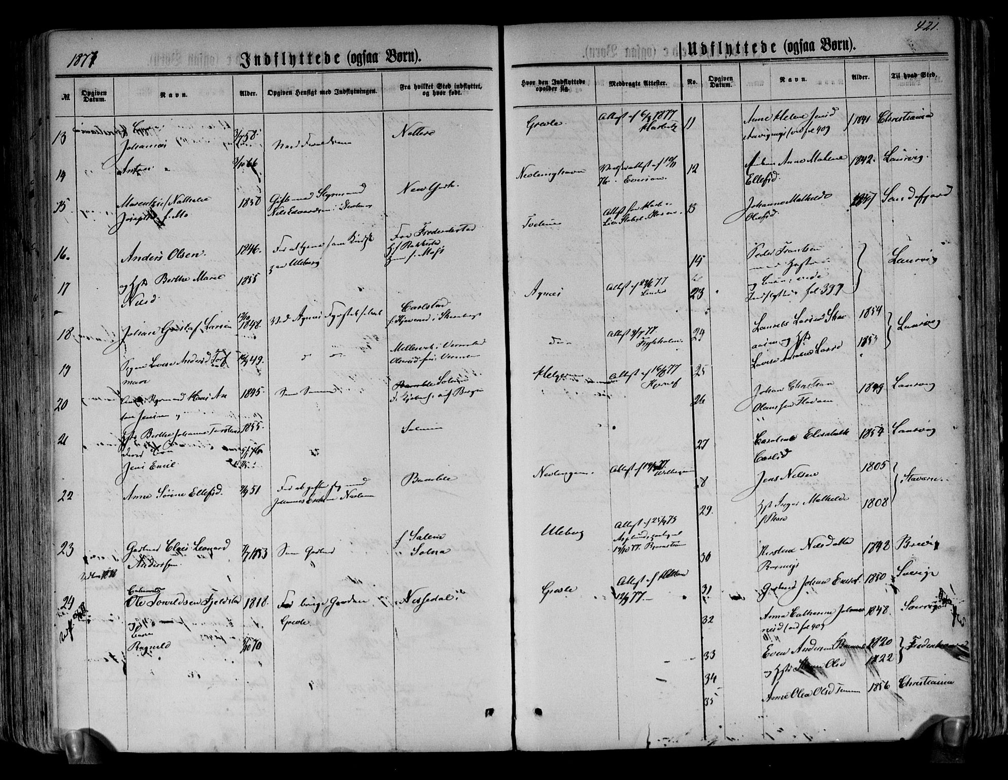 Brunlanes kirkebøker, AV/SAKO-A-342/F/Fa/L0005: Parish register (official) no. I 5, 1862-1877, p. 421