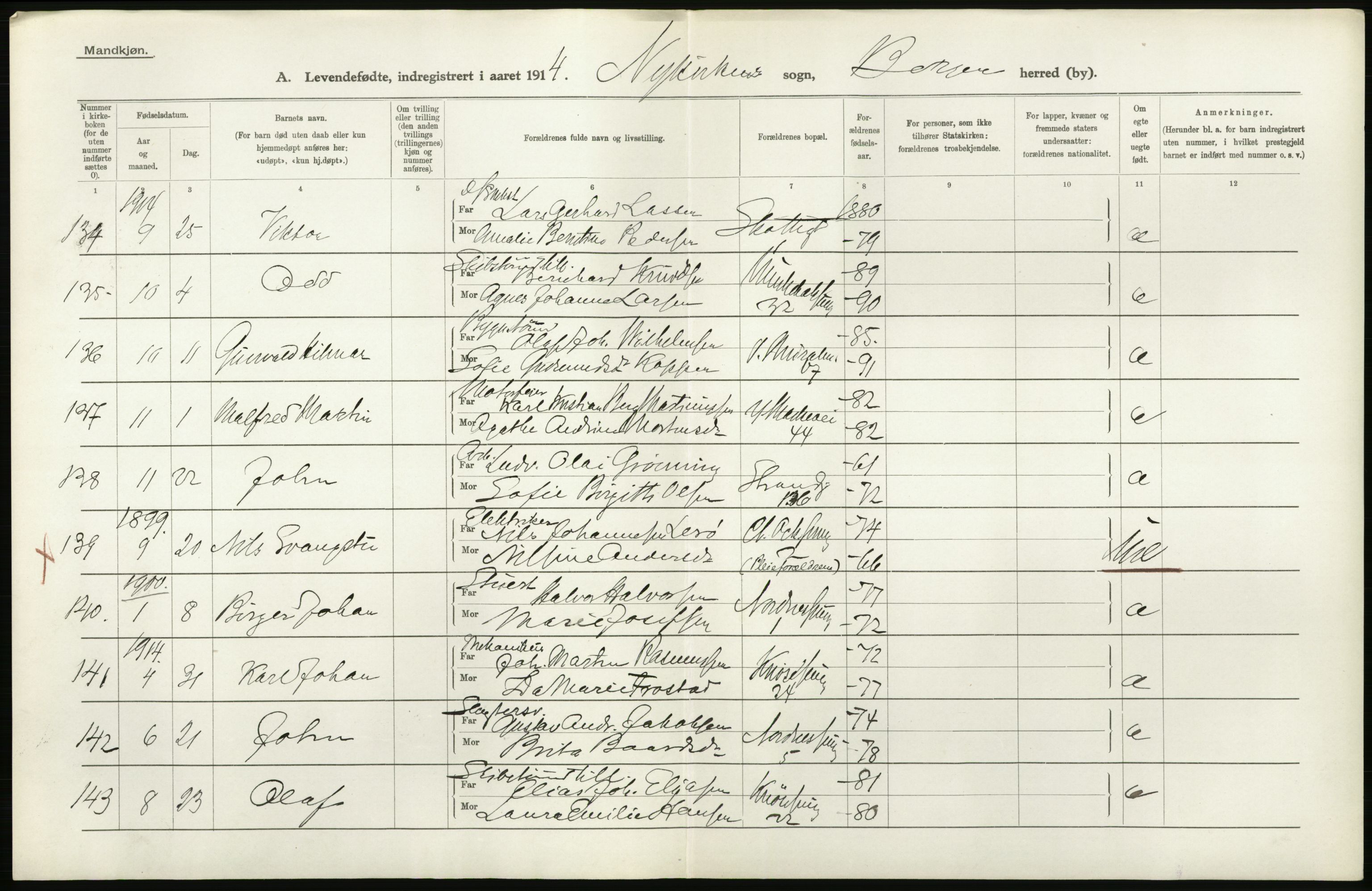 Statistisk sentralbyrå, Sosiodemografiske emner, Befolkning, AV/RA-S-2228/D/Df/Dfb/Dfbd/L0030: Bergen: Levendefødte menn og kvinner., 1914, p. 32