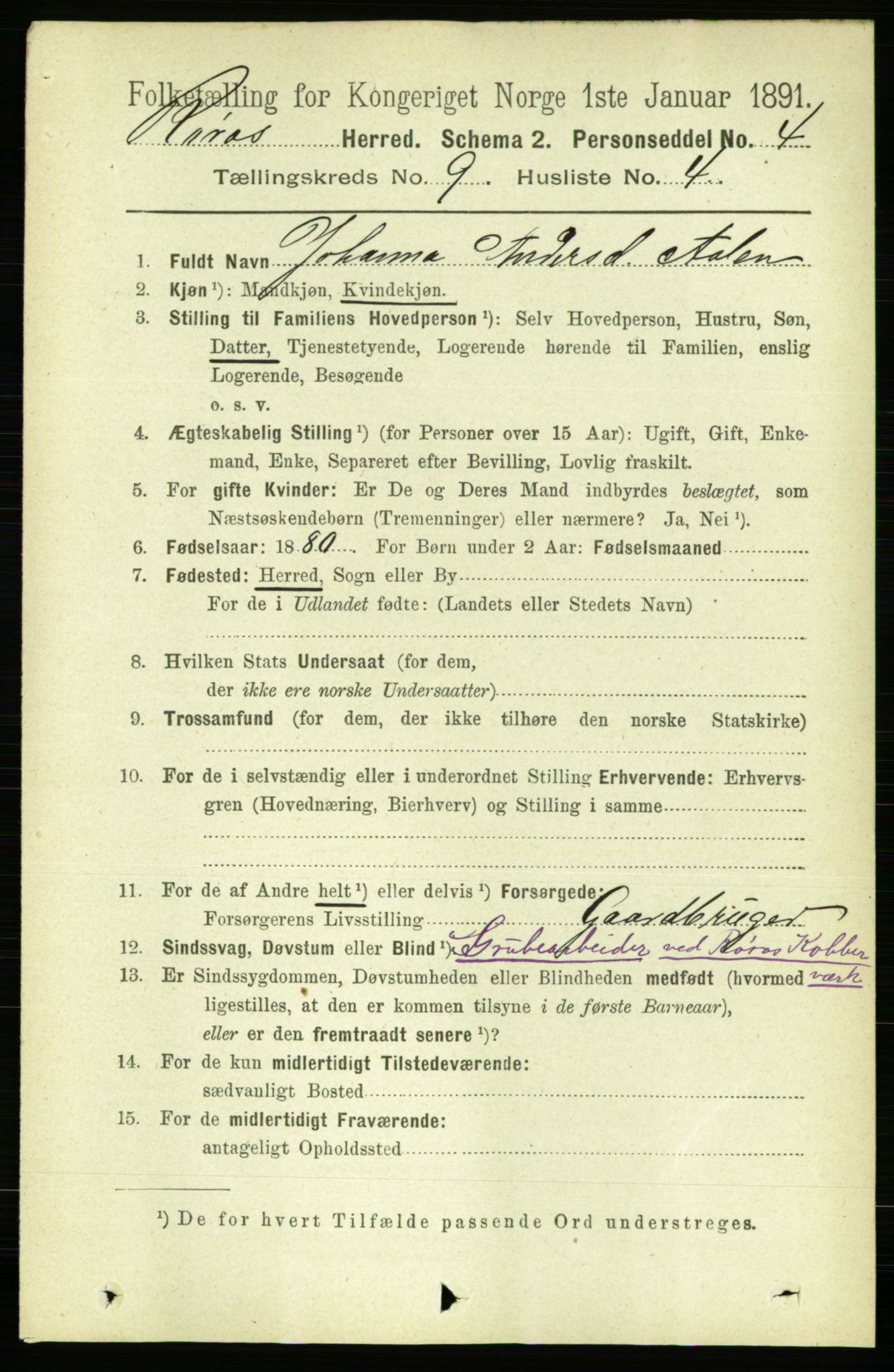 RA, 1891 census for 1640 Røros, 1891, p. 1839