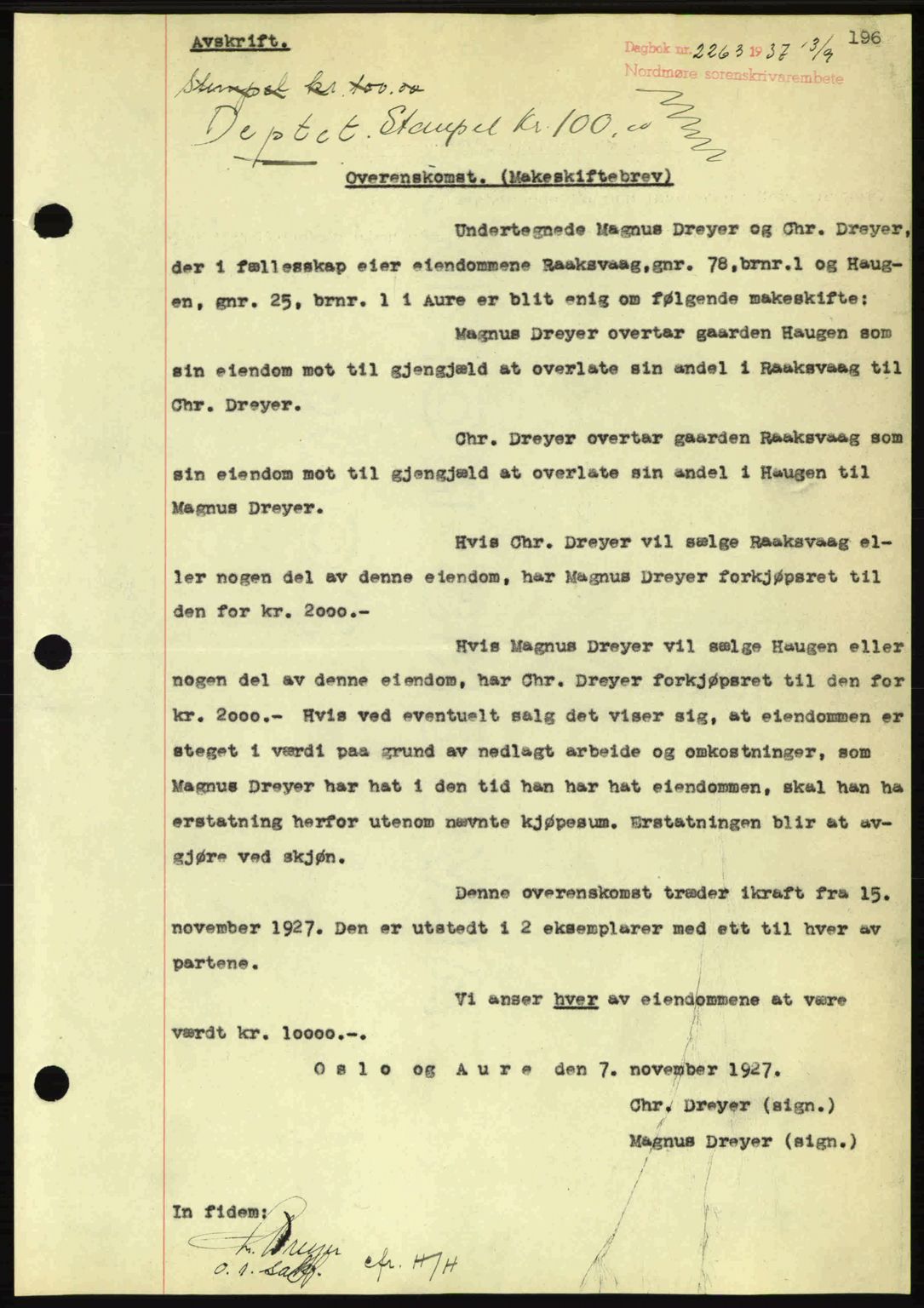 Nordmøre sorenskriveri, AV/SAT-A-4132/1/2/2Ca: Mortgage book no. A82, 1937-1938, Diary no: : 2263/1937