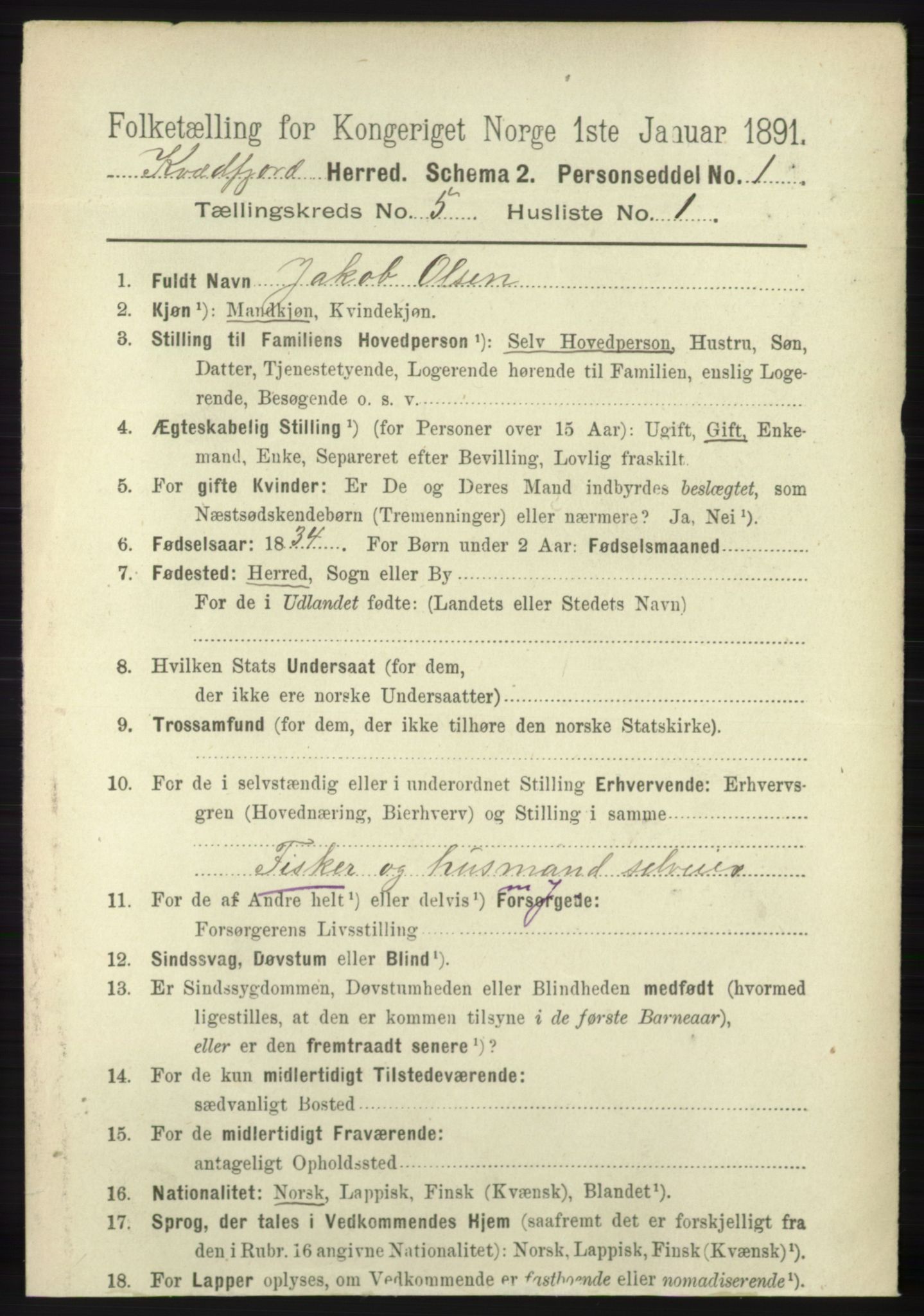 RA, 1891 census for 1911 Kvæfjord, 1891, p. 2870