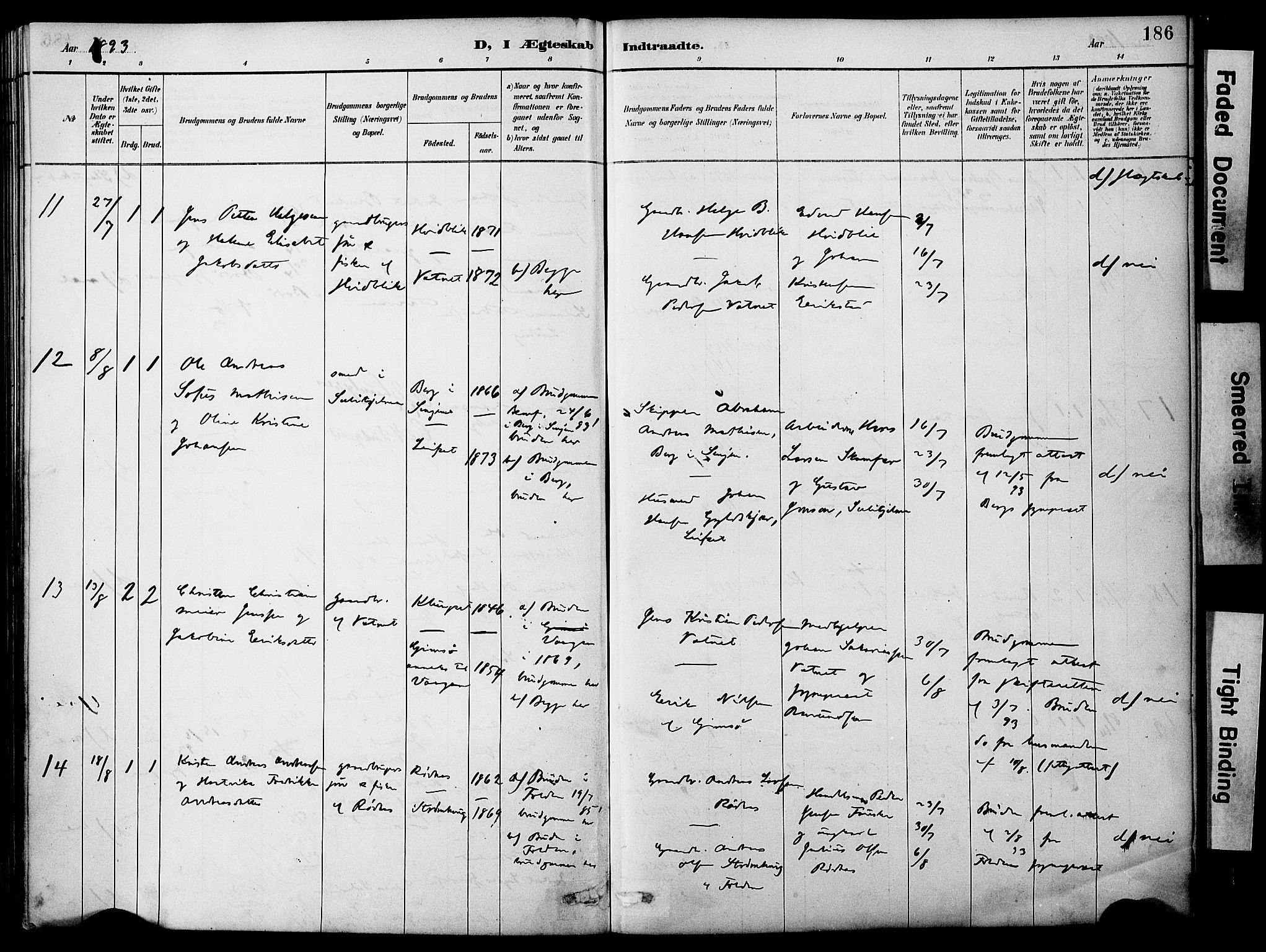 Ministerialprotokoller, klokkerbøker og fødselsregistre - Nordland, AV/SAT-A-1459/849/L0690: Parish register (official) no. 849A02, 1890-1897, p. 186