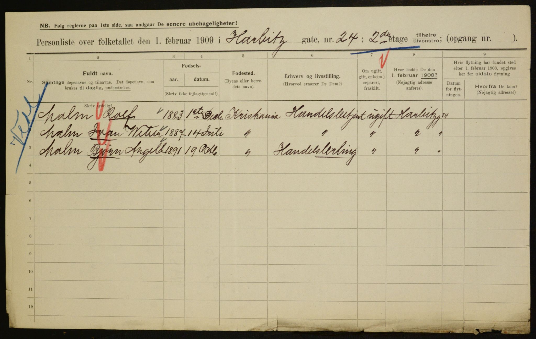 OBA, Municipal Census 1909 for Kristiania, 1909, p. 73488