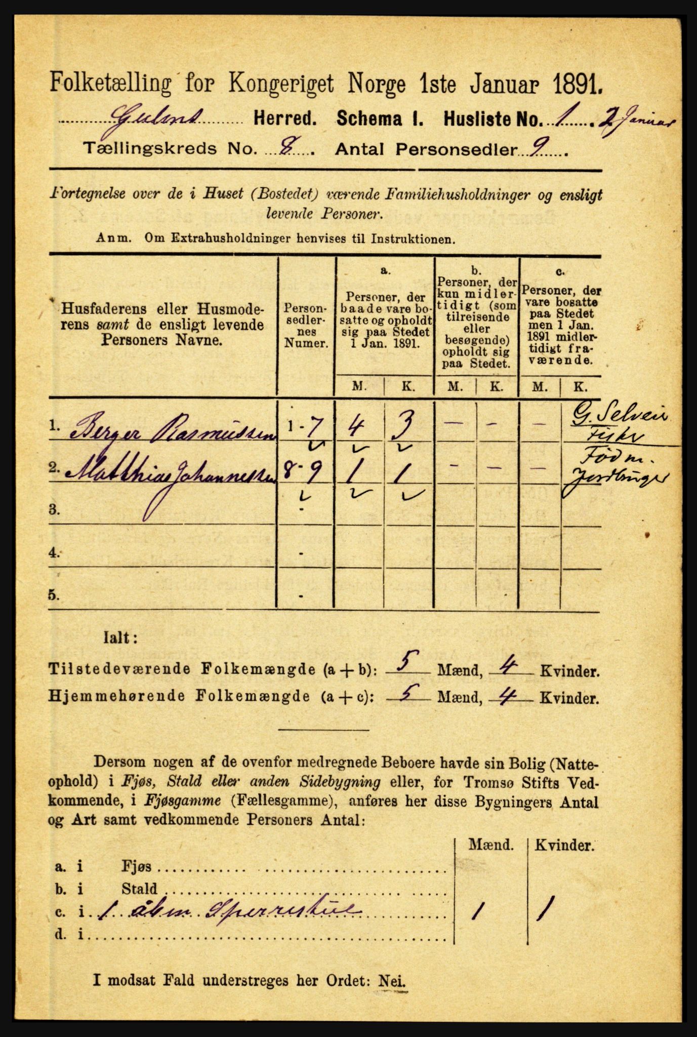 RA, 1891 census for 1411 Gulen, 1891, p. 2407