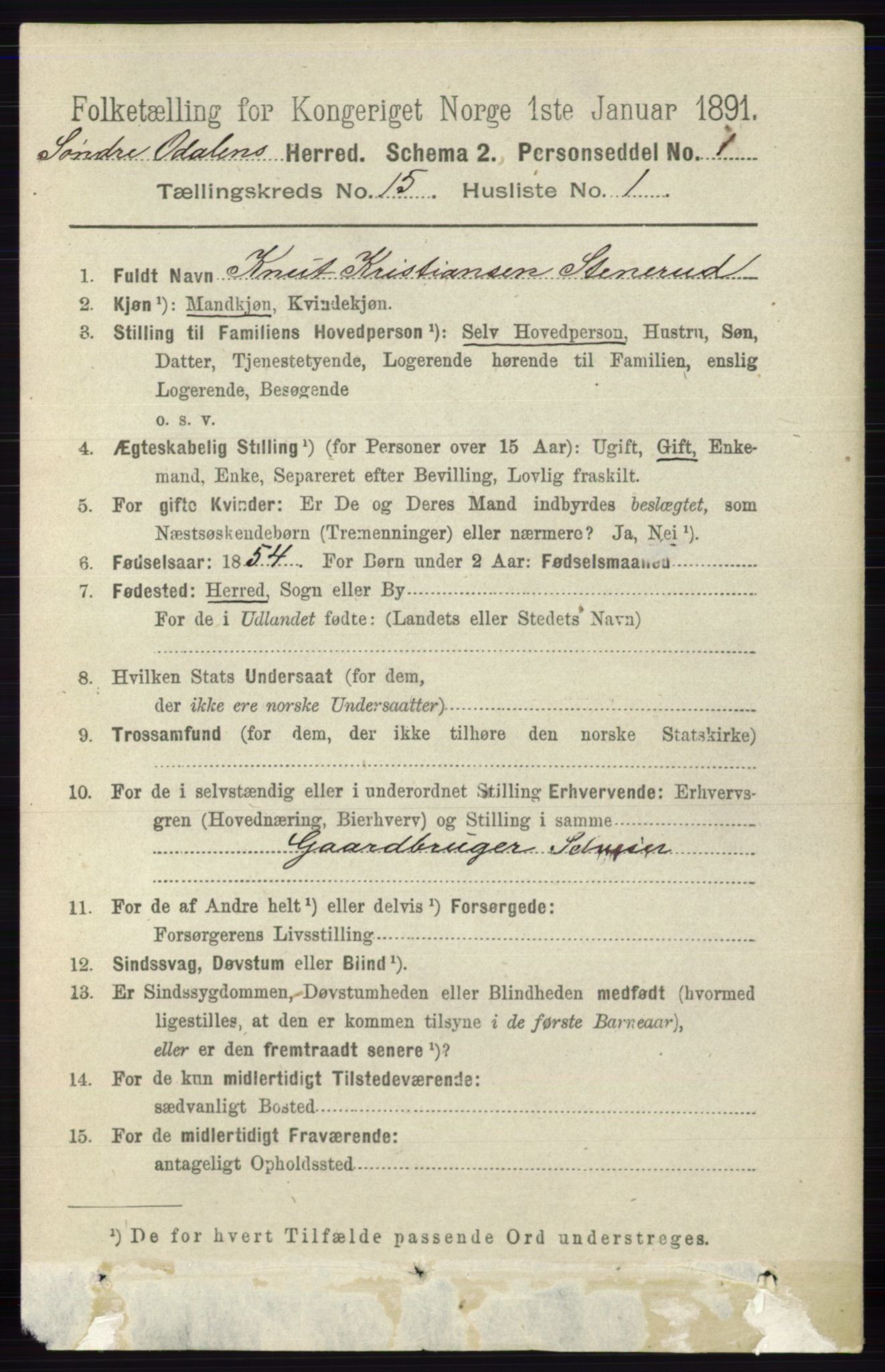 RA, 1891 census for 0419 Sør-Odal, 1891, p. 6573