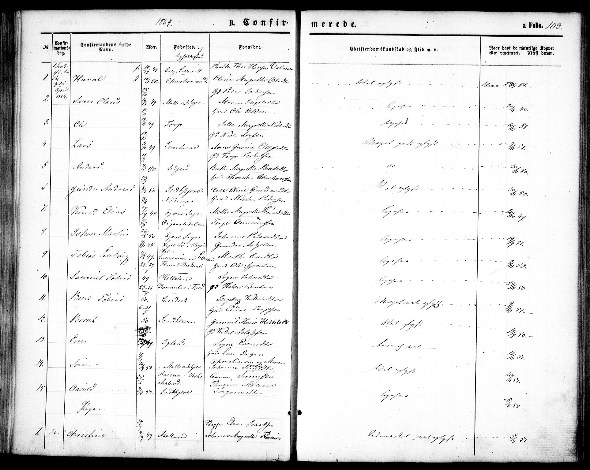 Hommedal sokneprestkontor, AV/SAK-1111-0023/F/Fa/Fab/L0005: Parish register (official) no. A 5, 1861-1877, p. 103