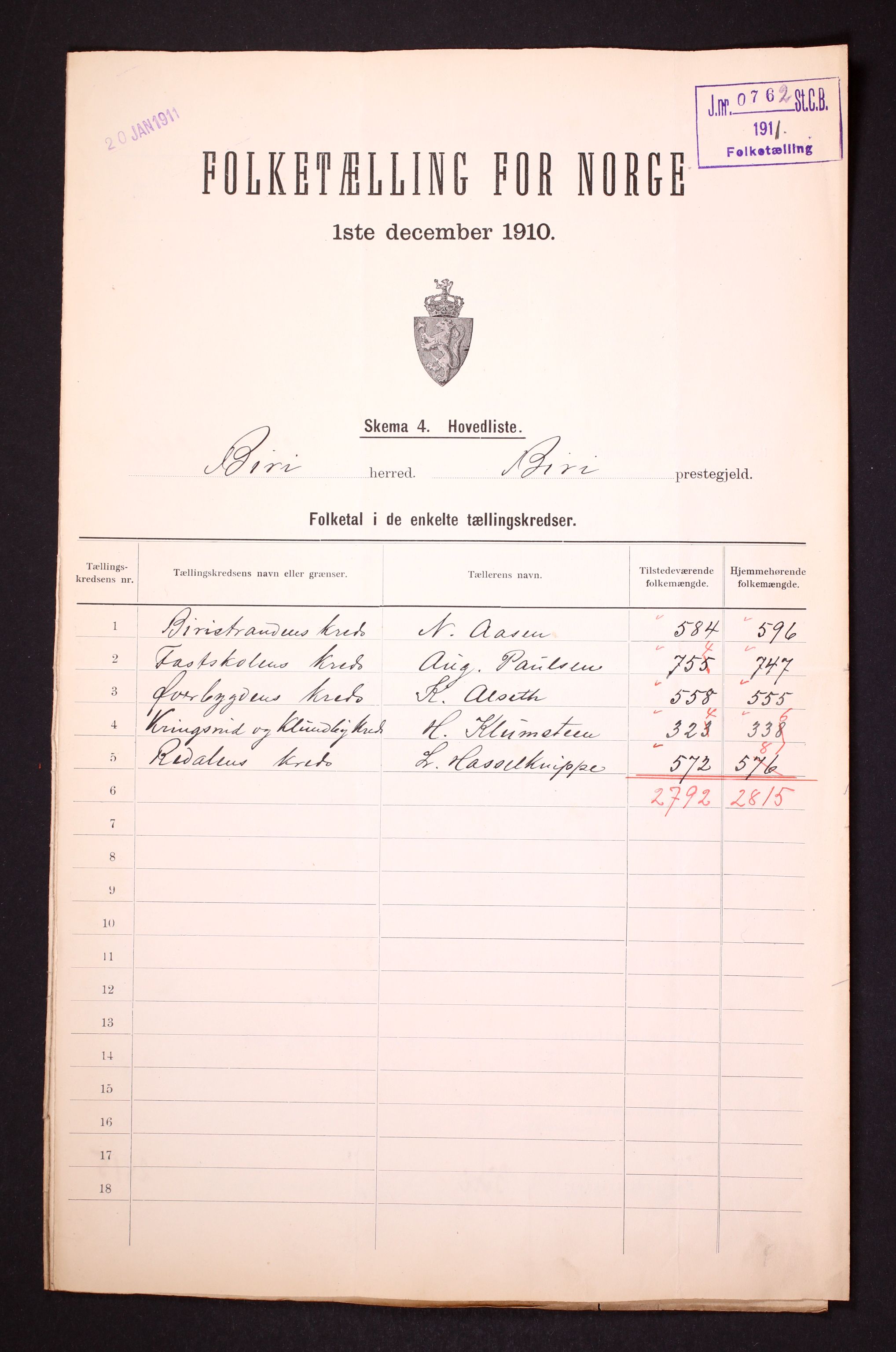 RA, 1910 census for Biri, 1910, p. 2