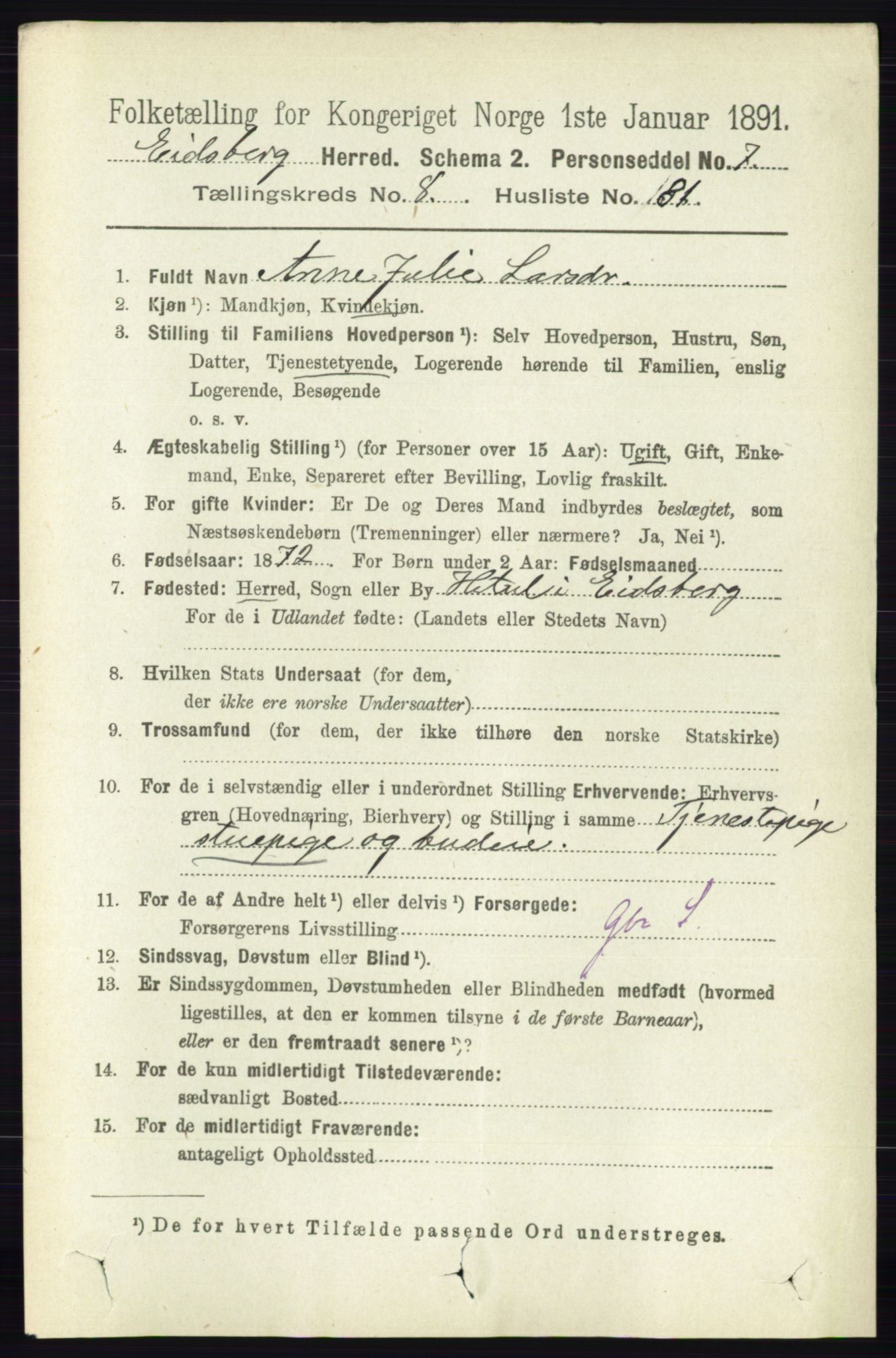 RA, 1891 census for 0125 Eidsberg, 1891, p. 5087