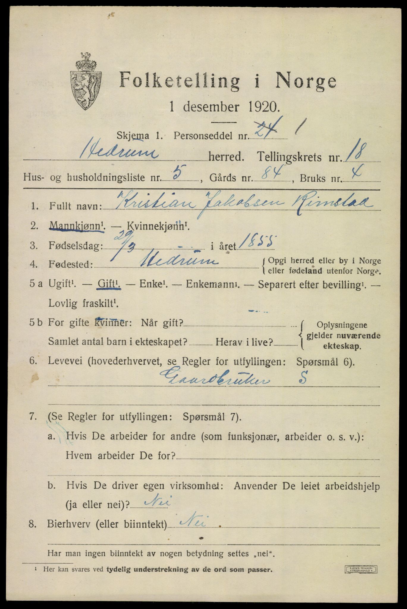 SAKO, 1920 census for Hedrum, 1920, p. 10847