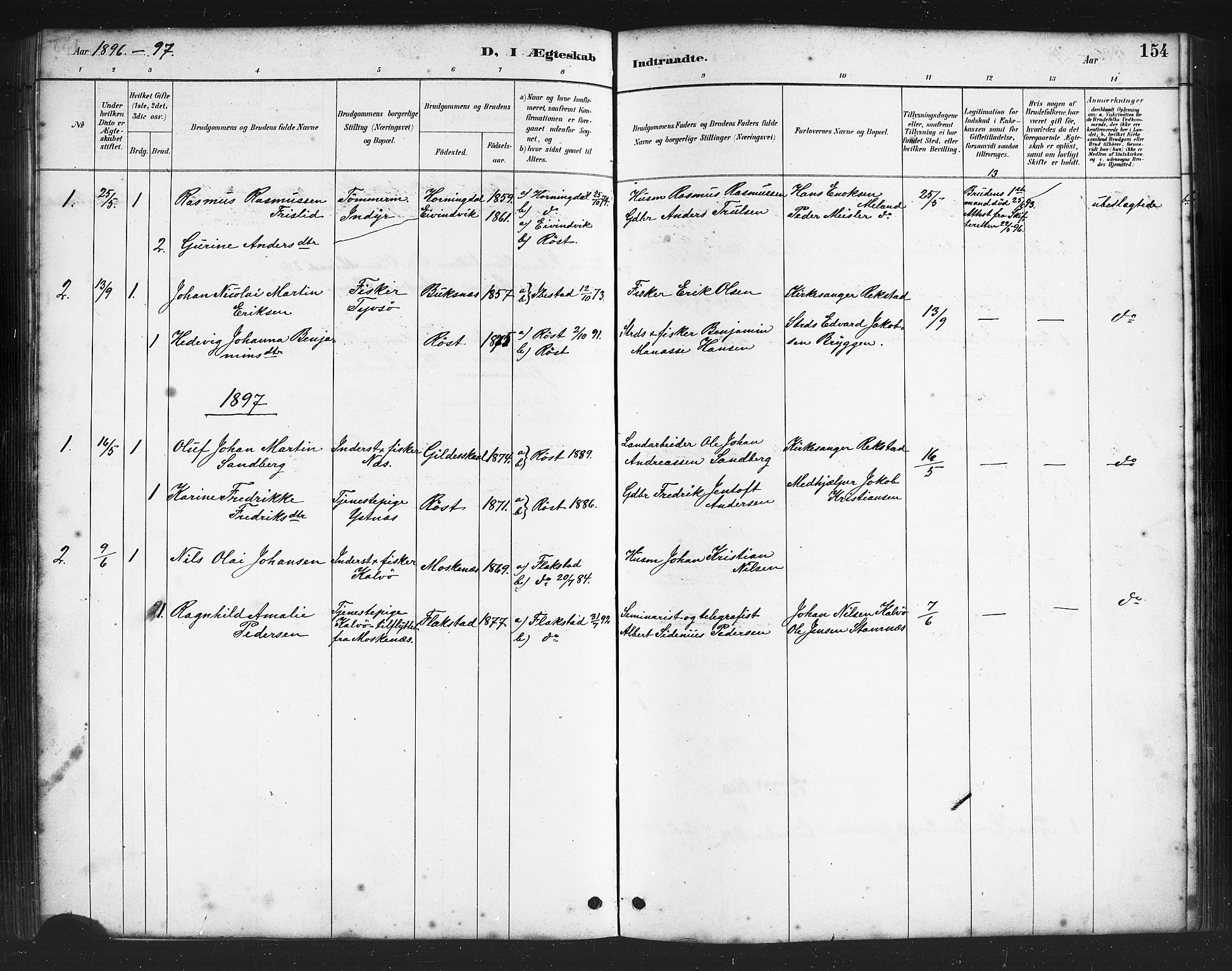 Ministerialprotokoller, klokkerbøker og fødselsregistre - Nordland, AV/SAT-A-1459/808/L0131: Parish register (copy) no. 808C02, 1879-1919, p. 154