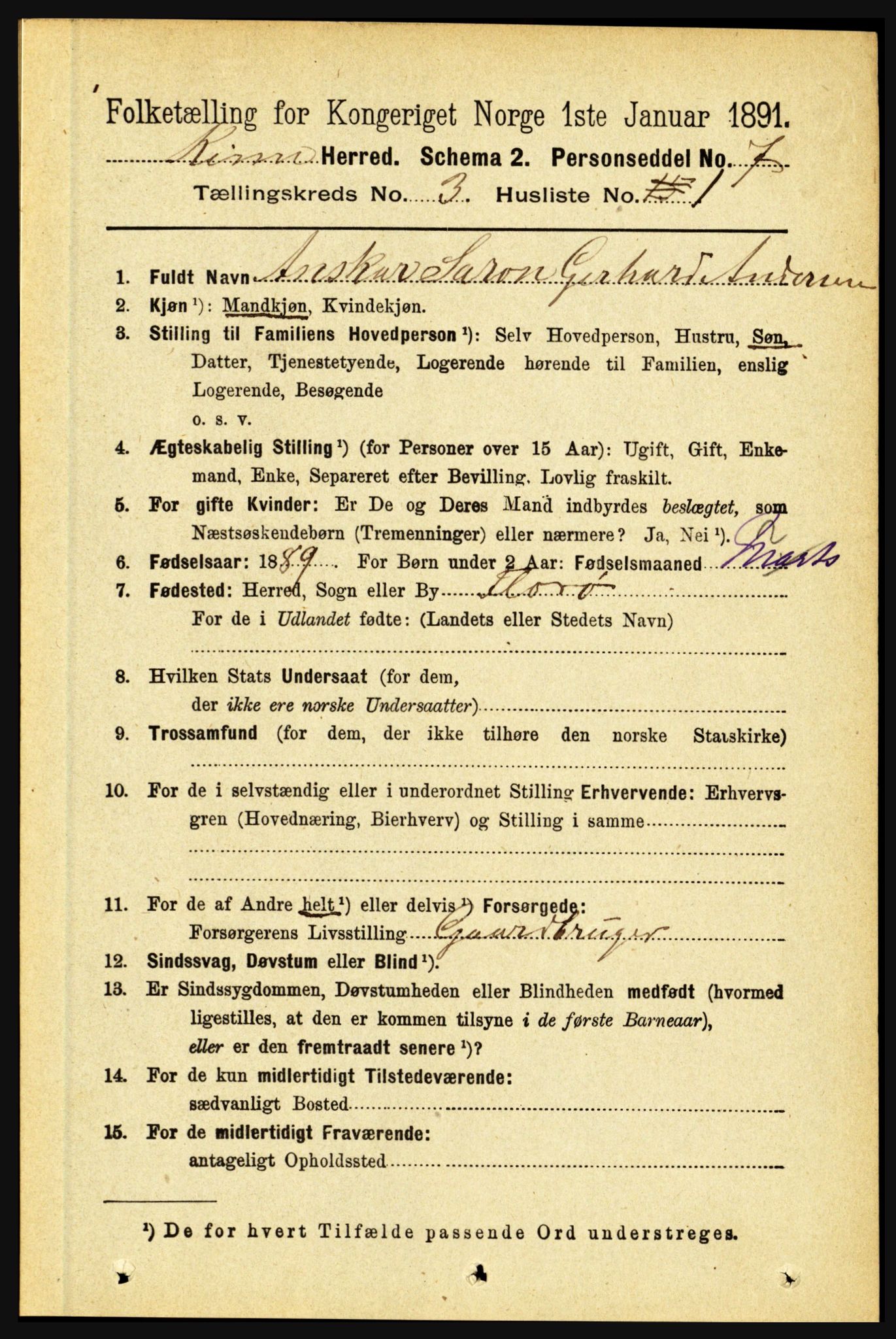 RA, 1891 census for 1437 Kinn, 1891, p. 939