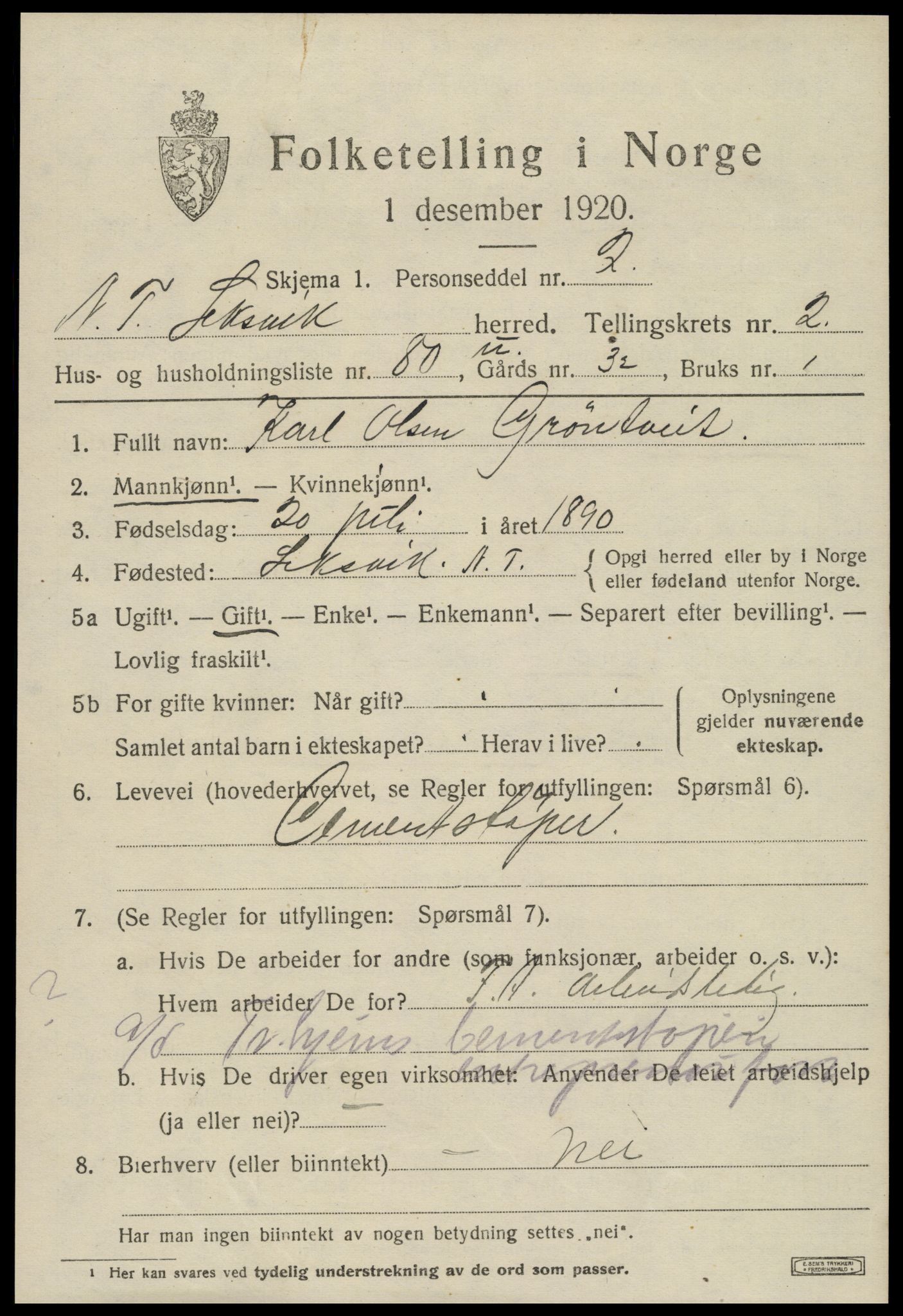 SAT, 1920 census for Leksvik, 1920, p. 2718