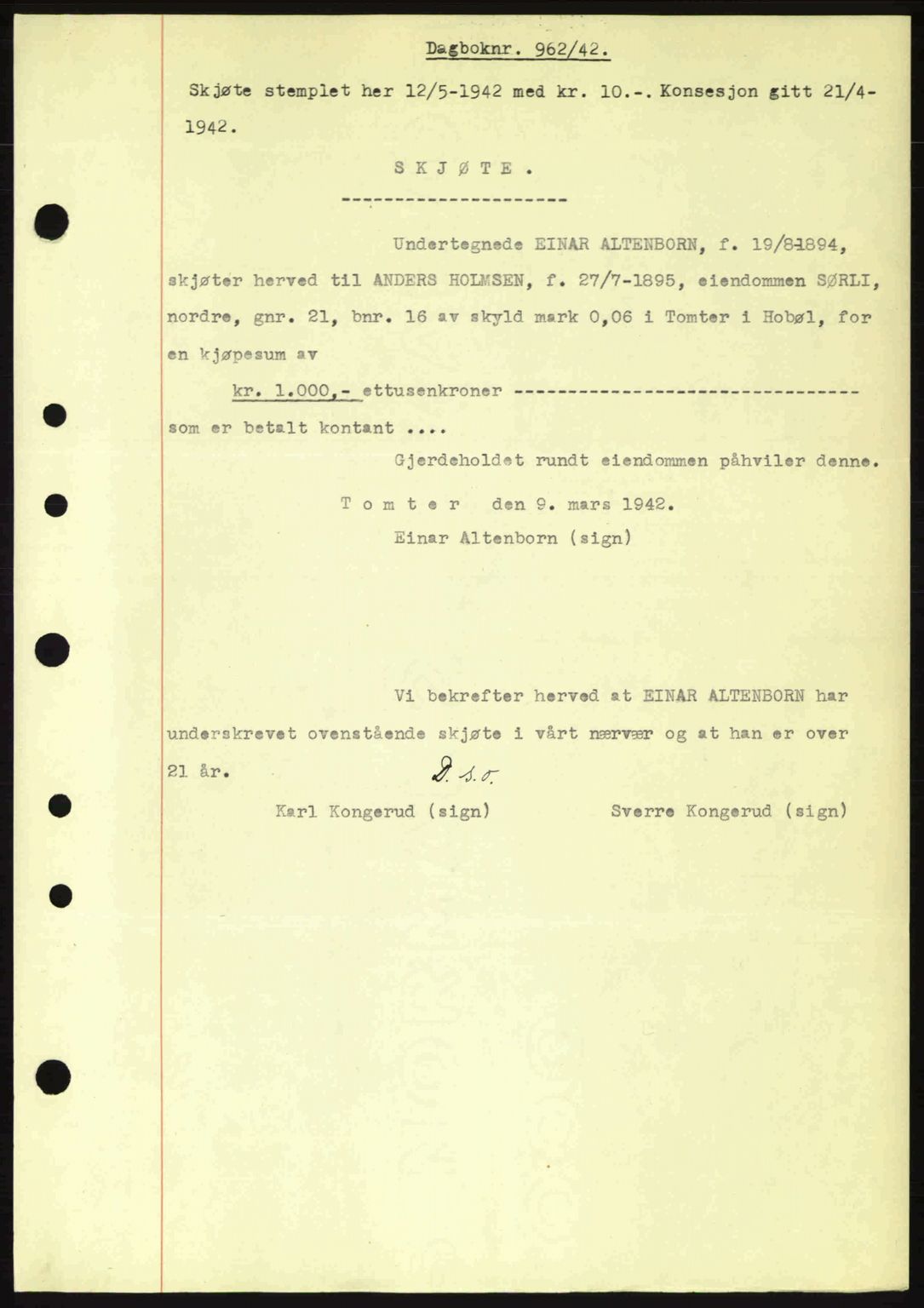 Moss sorenskriveri, SAO/A-10168: Mortgage book no. A9, 1941-1942, Diary no: : 962/1942