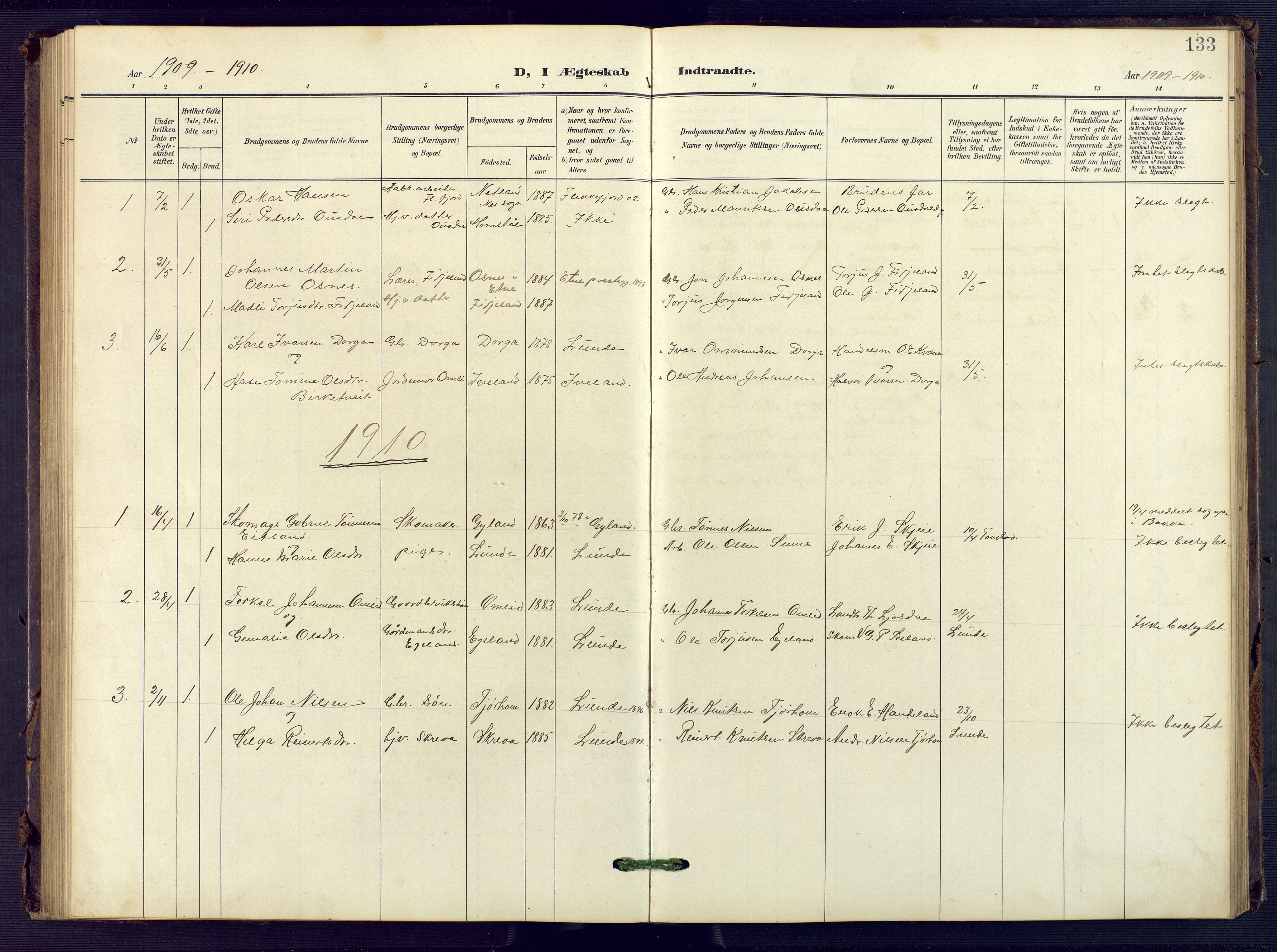 Sirdal sokneprestkontor, SAK/1111-0036/F/Fb/Fba/L0002: Parish register (copy) no. B 2, 1905-1958, p. 133