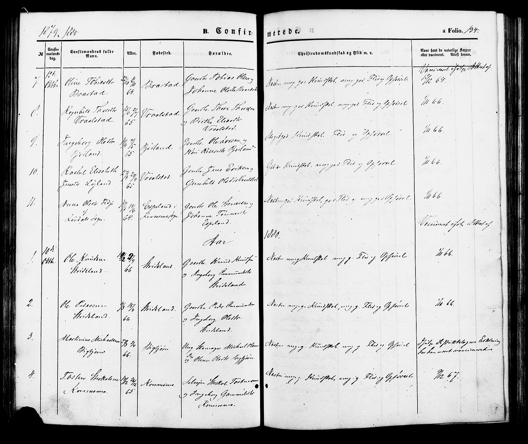 Nord-Audnedal sokneprestkontor, SAK/1111-0032/F/Fa/Faa/L0002: Parish register (official) no. A 2, 1857-1882, p. 134