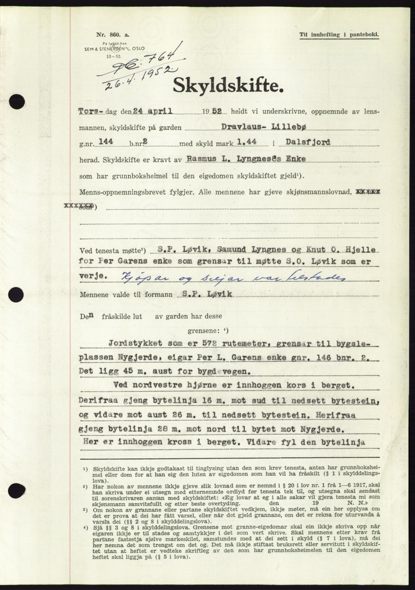 Søre Sunnmøre sorenskriveri, AV/SAT-A-4122/1/2/2C/L0092: Mortgage book no. 18A, 1952-1952, Diary no: : 764/1952