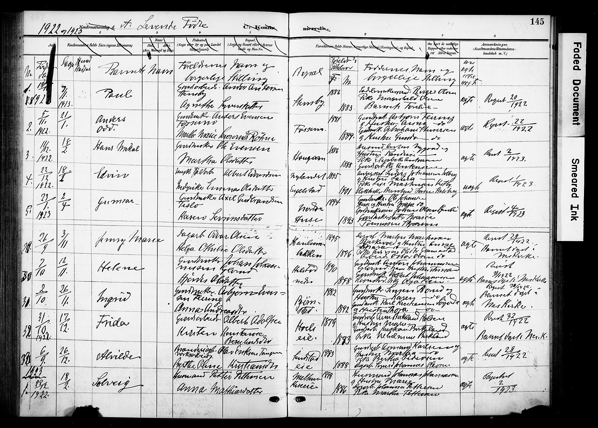 Nes prestekontor, Hedmark, SAH/PREST-020/K/Ka/L0013: Parish register (official) no. 13, 1906-1924, p. 145
