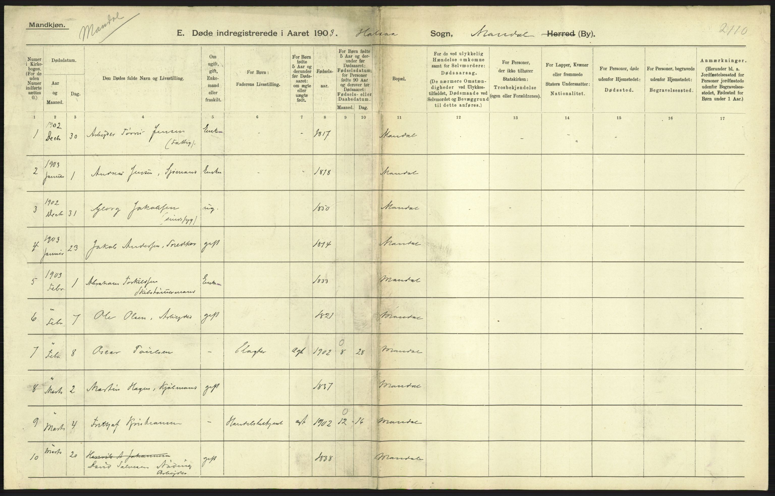 Statistisk sentralbyrå, Sosiodemografiske emner, Befolkning, AV/RA-S-2228/D/Df/Dfa/Dfaa/L0011: Lister og Mandal amt: Fødte, gifte, døde, 1903, p. 519