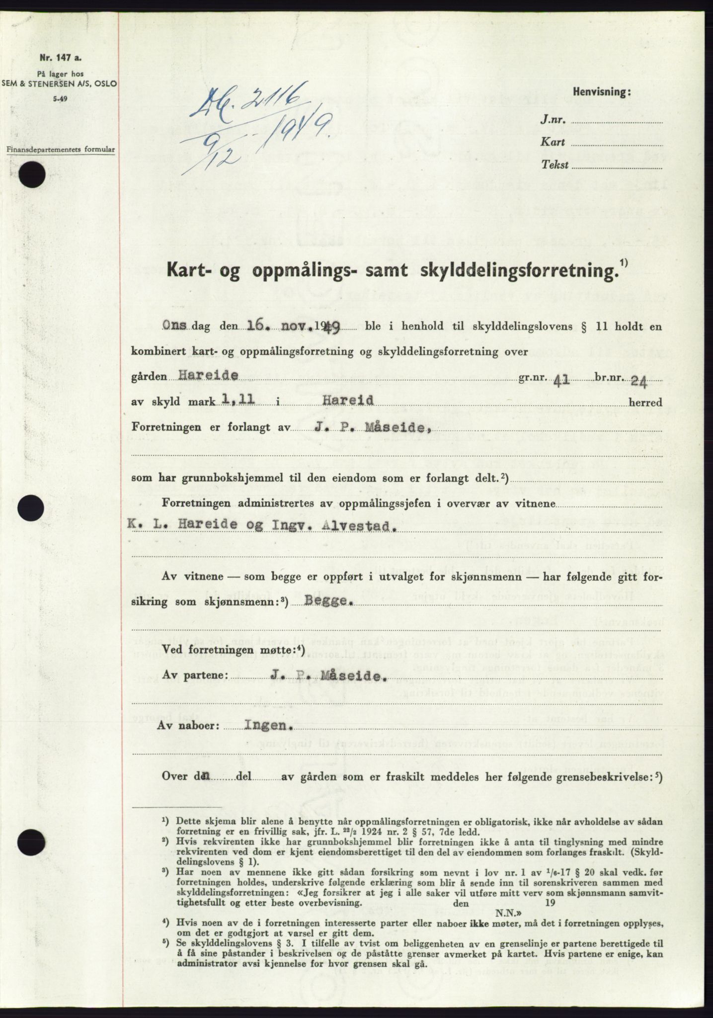 Søre Sunnmøre sorenskriveri, AV/SAT-A-4122/1/2/2C/L0085: Mortgage book no. 11A, 1949-1949, Diary no: : 2116/1949