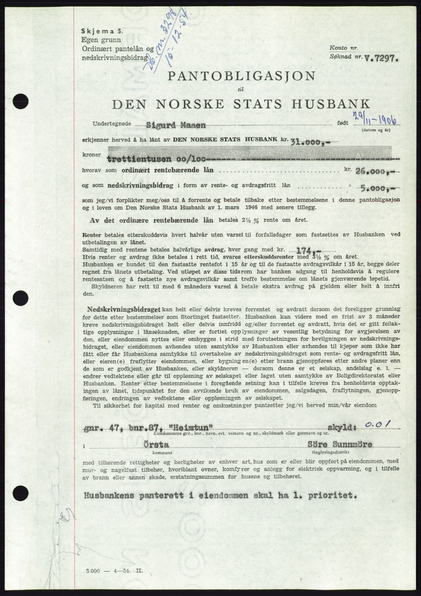 Søre Sunnmøre sorenskriveri, AV/SAT-A-4122/1/2/2C/L0126: Mortgage book no. 14B, 1954-1955, Diary no: : 3298/1954