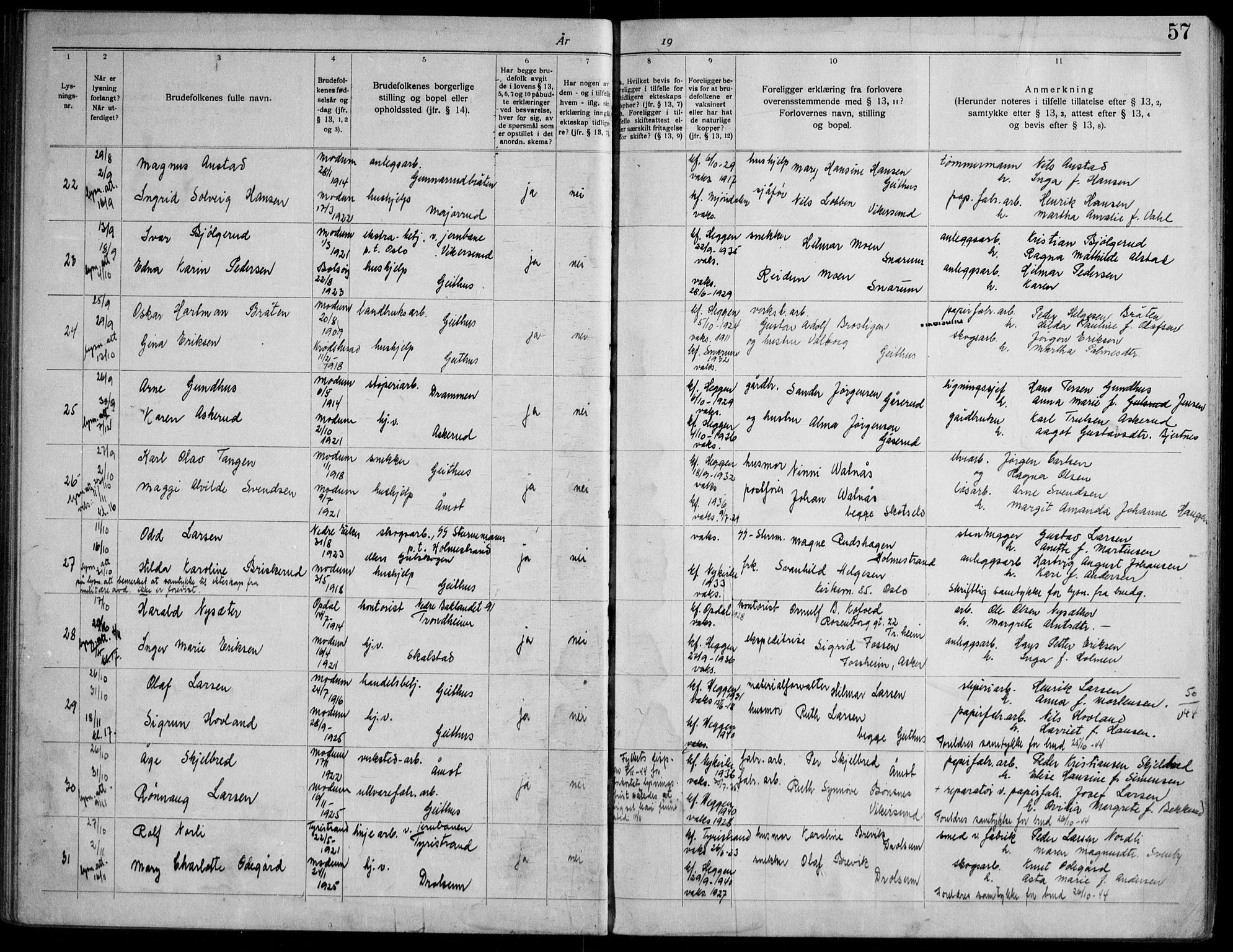 Modum kirkebøker, AV/SAKO-A-234/H/Ha/L0004: Banns register no. I 4, 1934-1947, p. 57