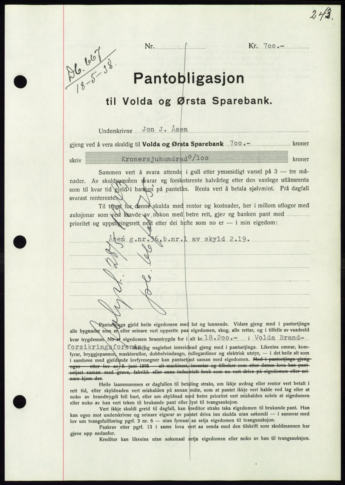 Søre Sunnmøre sorenskriveri, AV/SAT-A-4122/1/2/2C/L0065: Mortgage book no. 59, 1938-1938, Diary no: : 667/1938