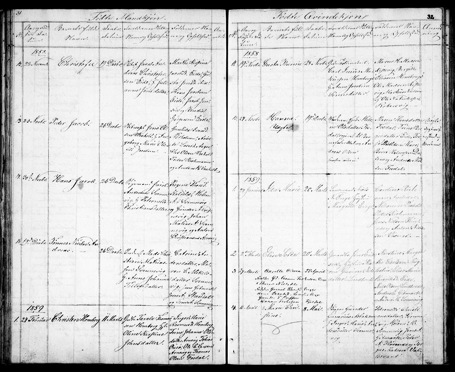 Hommedal sokneprestkontor, AV/SAK-1111-0023/F/Fb/Fba/L0002: Parish register (copy) no. B 2, 1841-1863, p. 32