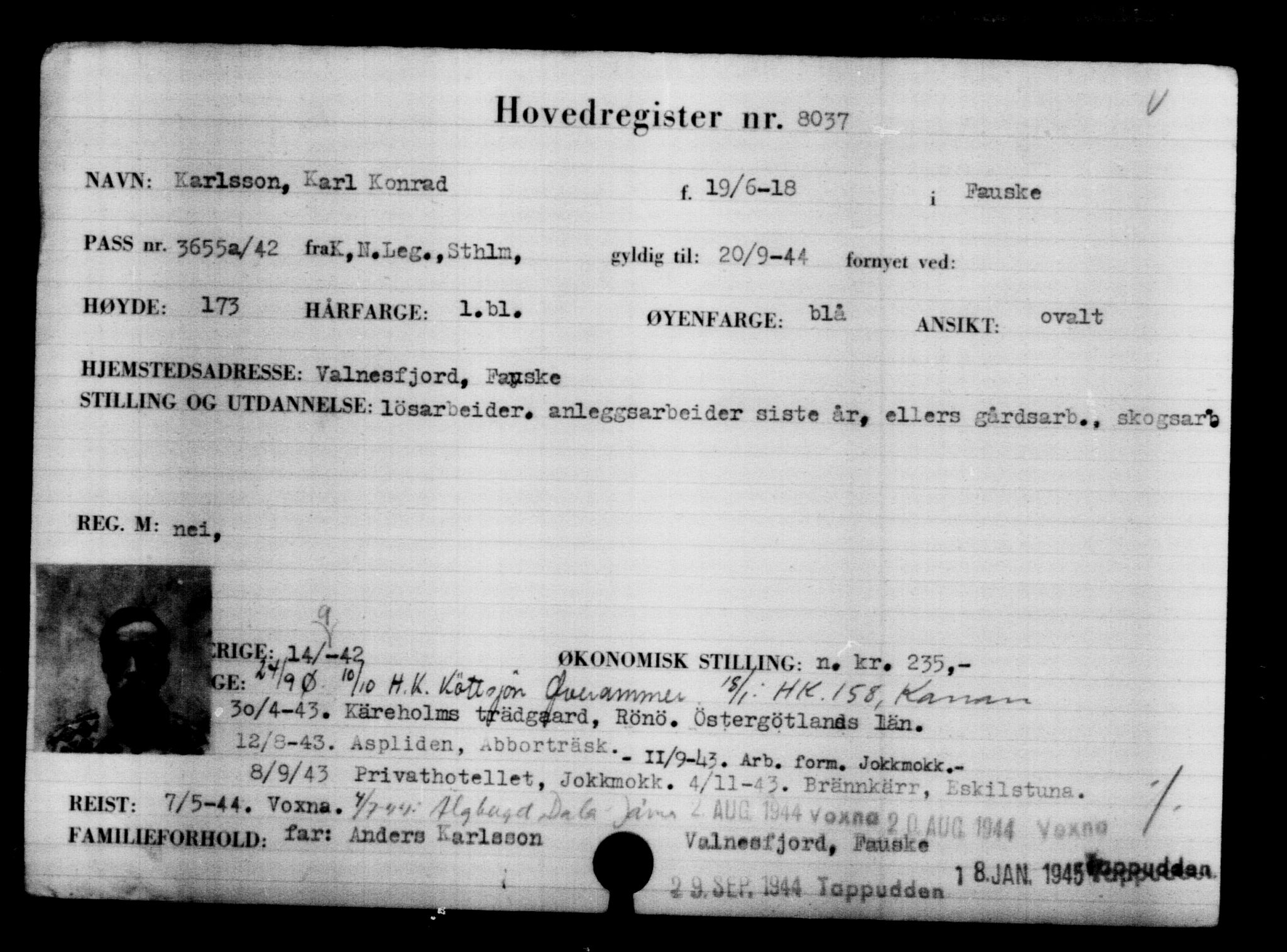 Utenriksstasjonene, Legasjonen i Stockholm, Flyktningkontoret, AV/RA-S-6753/V/Va/L0005: Kjesäterkartoteket, flyktninger med registreringsnr. 6600-9417, 1940-1945, p. 1683