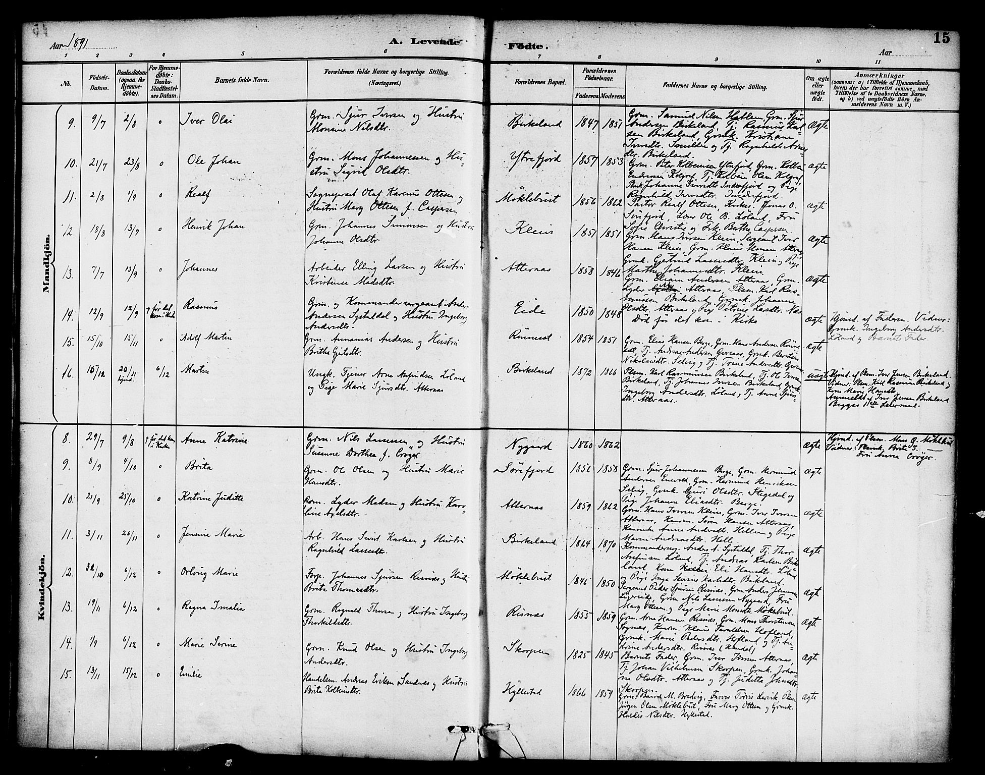 Hyllestad sokneprestembete, SAB/A-80401: Parish register (official) no. B 1, 1886-1904, p. 15