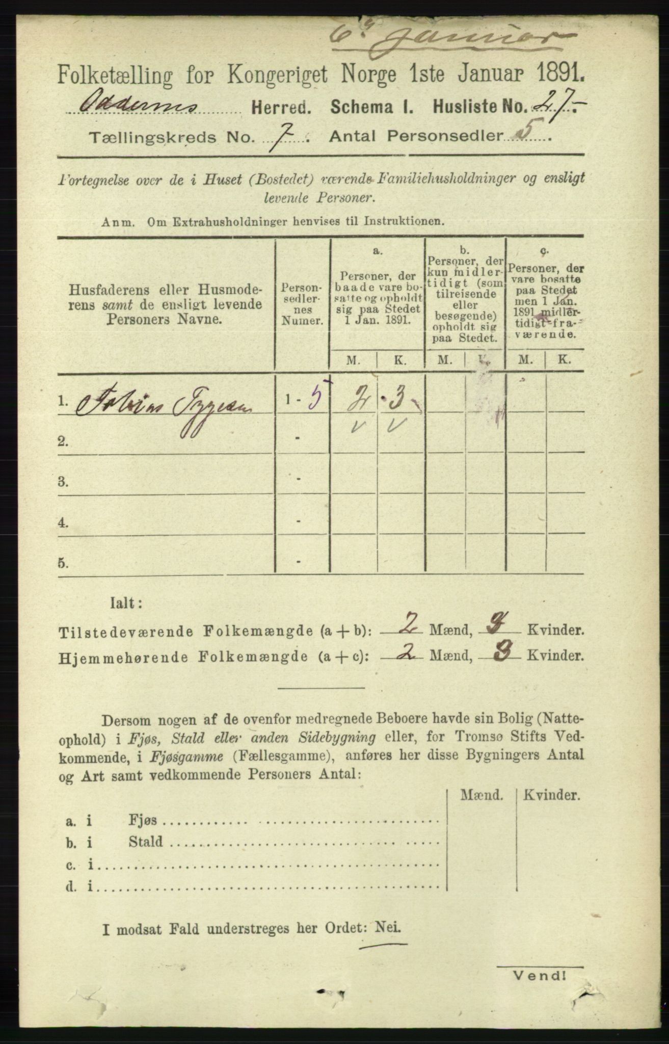 RA, 1891 census for 1012 Oddernes, 1891, p. 2474