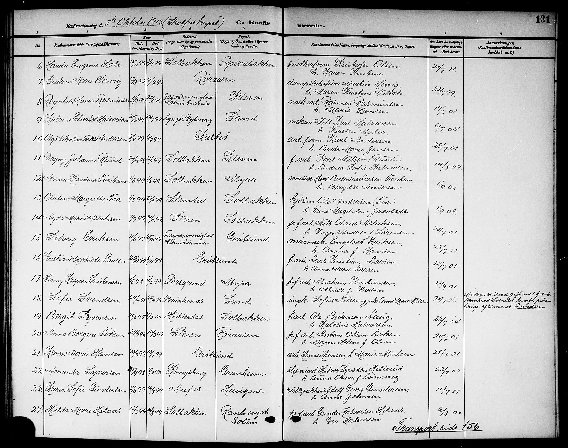 Solum kirkebøker, SAKO/A-306/G/Gb/L0005: Parish register (copy) no. II 5, 1905-1914, p. 131
