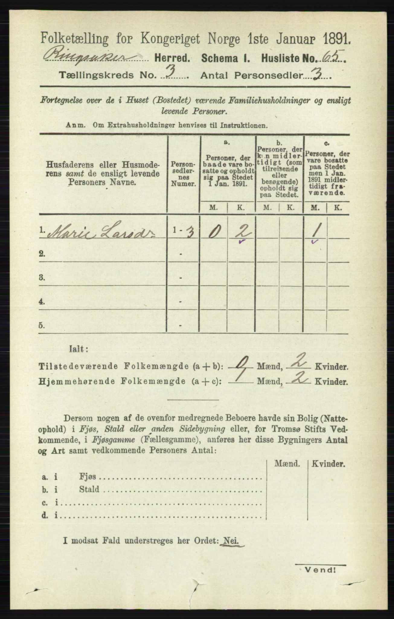 RA, 1891 census for 0412 Ringsaker, 1891, p. 1226