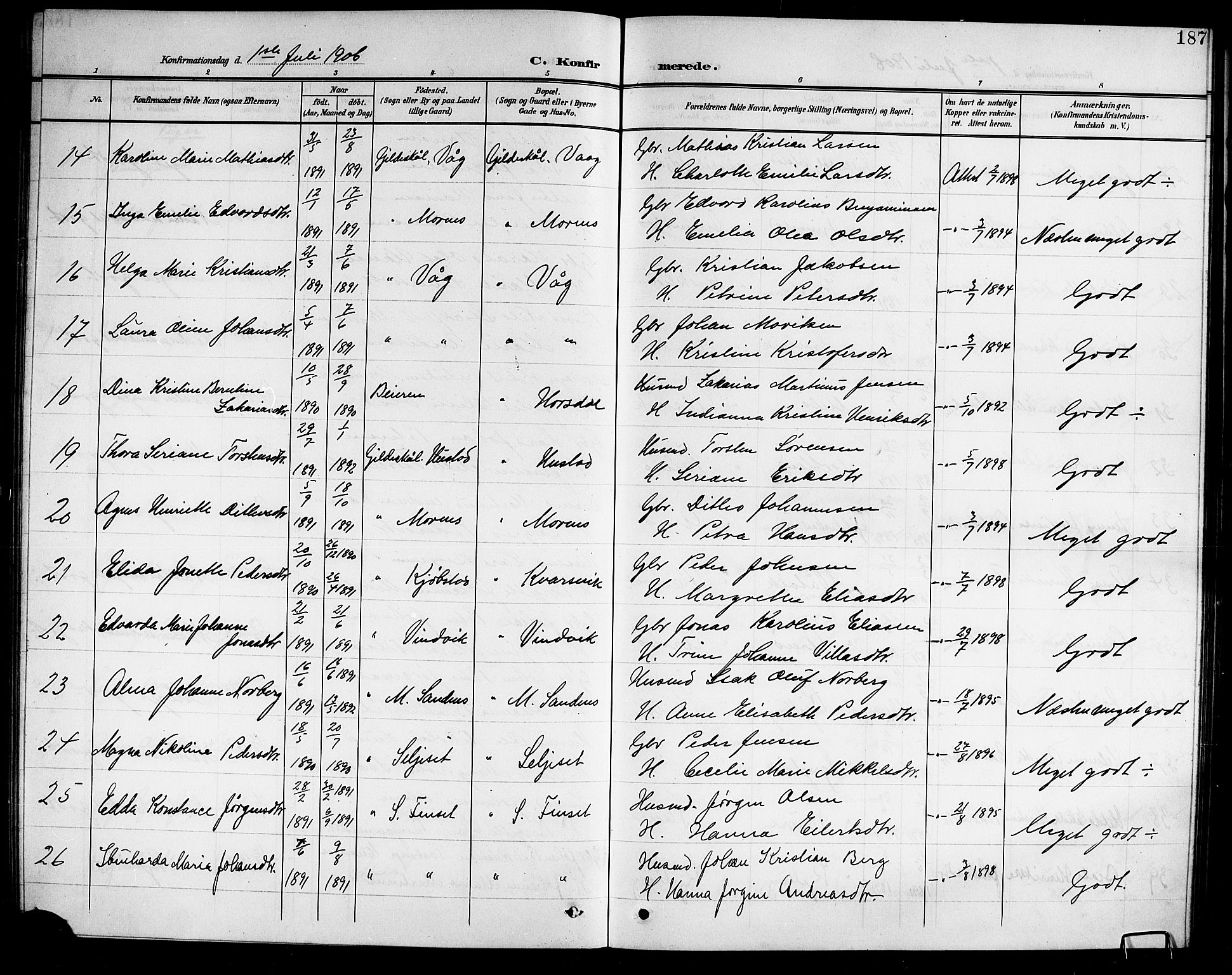 Ministerialprotokoller, klokkerbøker og fødselsregistre - Nordland, AV/SAT-A-1459/805/L0109: Parish register (copy) no. 805C05, 1900-1911, p. 187