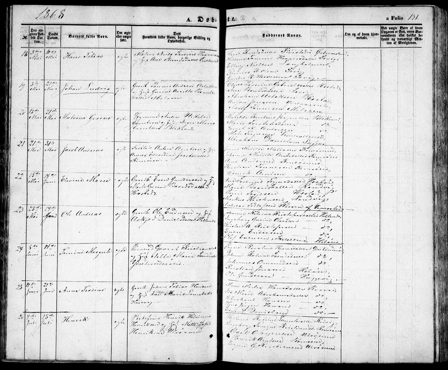 Høvåg sokneprestkontor, AV/SAK-1111-0025/F/Fb/L0002: Parish register (copy) no. B 2, 1847-1869, p. 131