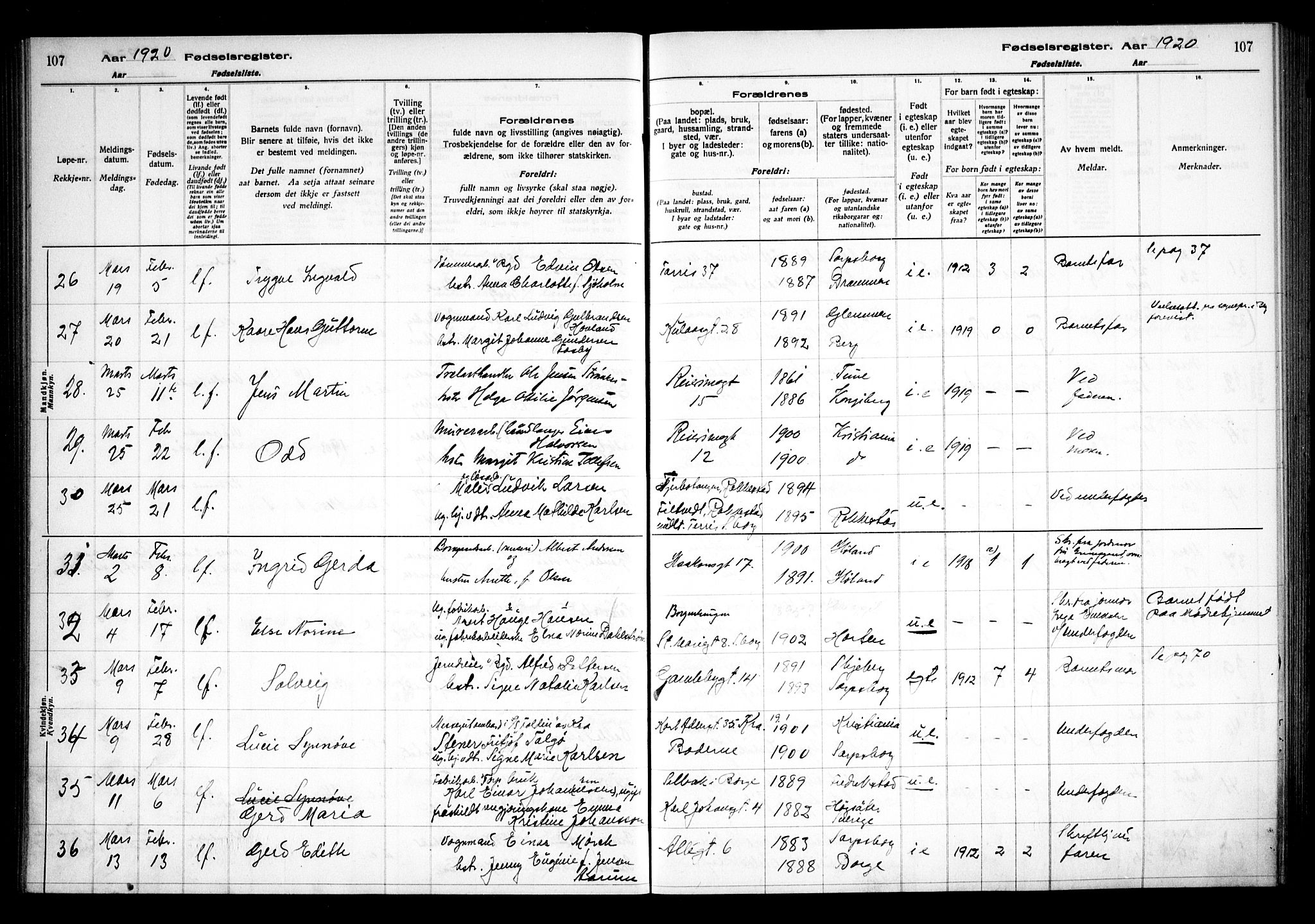 Sarpsborg prestekontor Kirkebøker, SAO/A-2006/J/Ja/L0001: Birth register no. 1, 1916-1922, p. 107