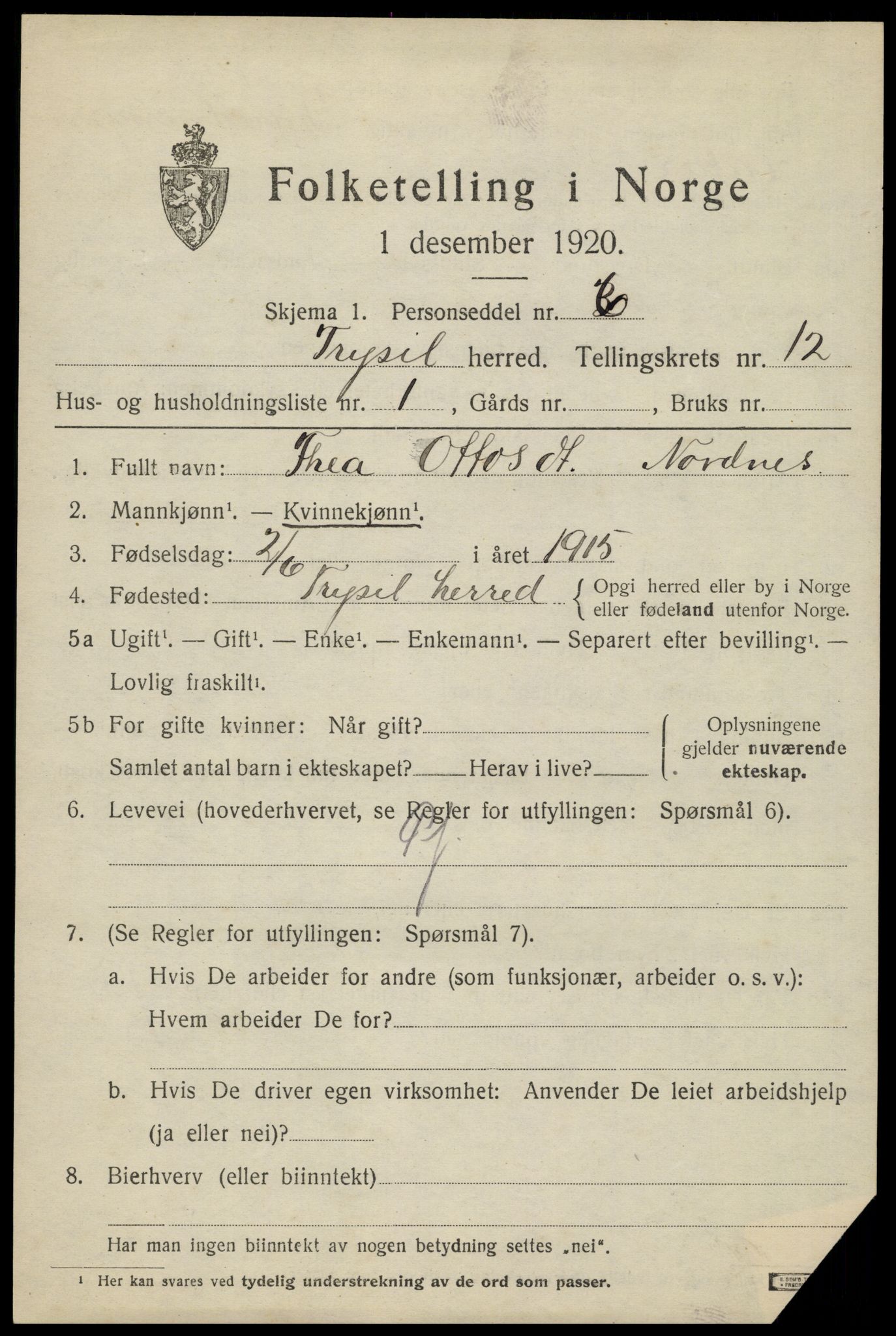 SAH, 1920 census for Trysil, 1920, p. 7119