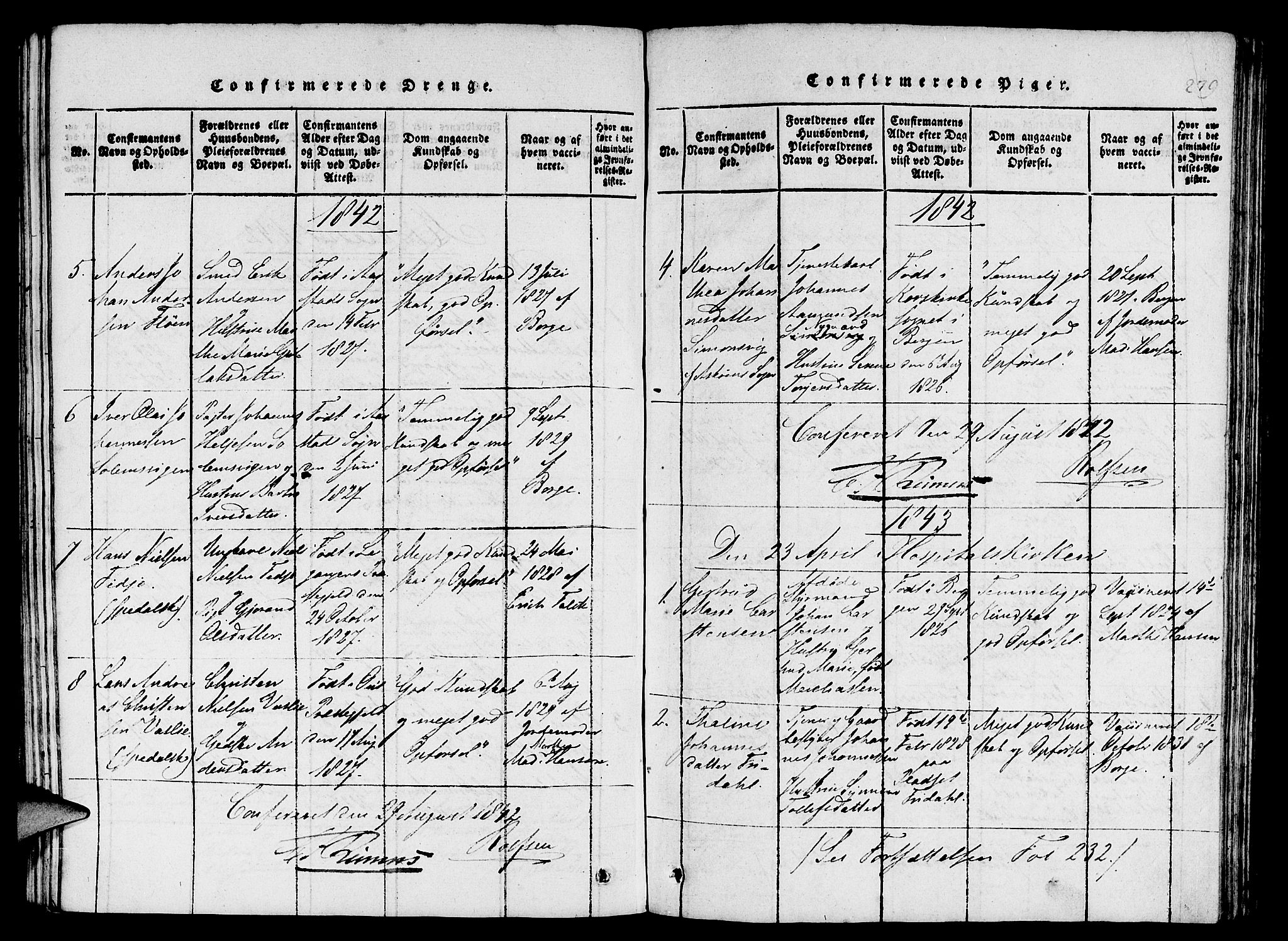 St. Jørgens hospital og Årstad sokneprestembete, AV/SAB-A-99934: Parish register (copy) no. A 1, 1816-1843, p. 279