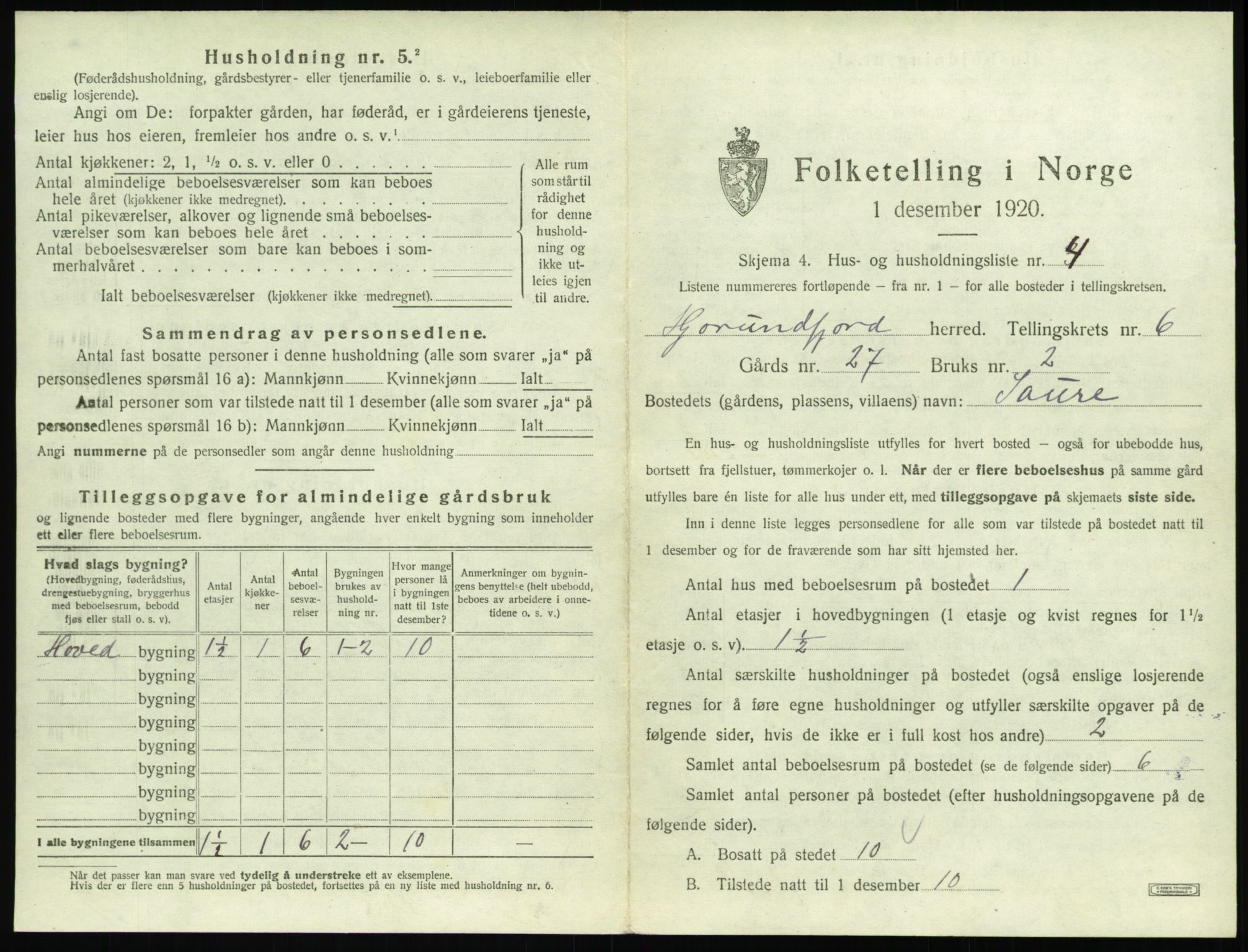 SAT, 1920 census for Hjørundfjord, 1920, p. 279