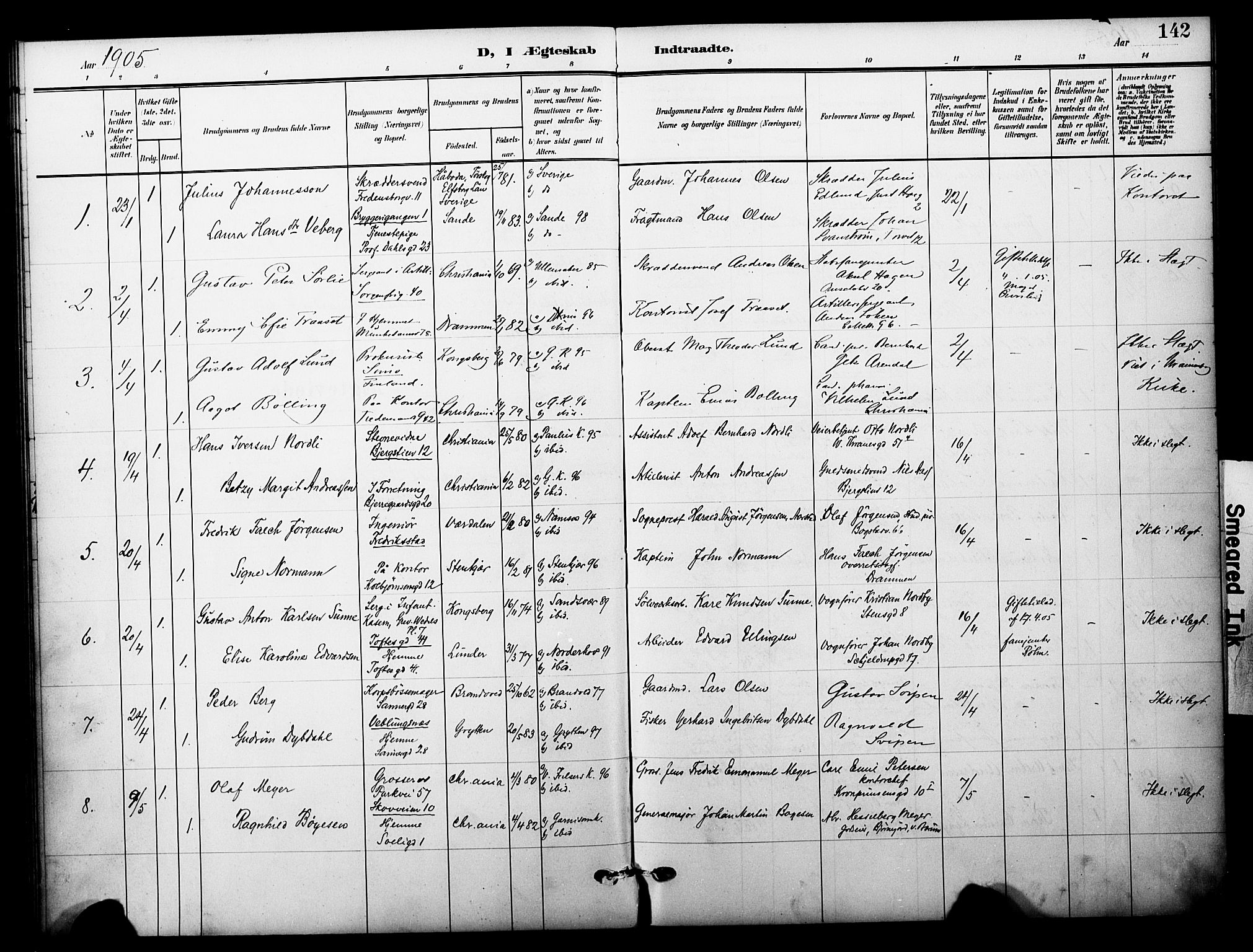 Garnisonsmenigheten Kirkebøker, SAO/A-10846/F/Fa/L0014: Parish register (official) no. 14, 1905-1914, p. 142