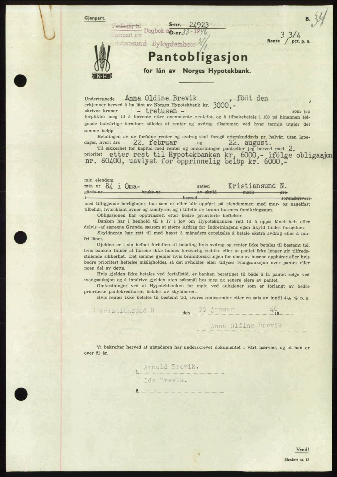 Kristiansund byfogd, AV/SAT-A-4587/A/27: Mortgage book no. 40, 1946-1946, Diary no: : 83/1946